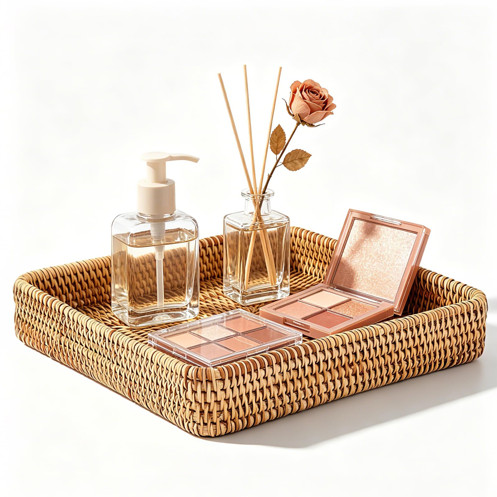 Yilnlg Rattan Bathroom Vanity Tray, Woven Wicker Basket Decorative Storage