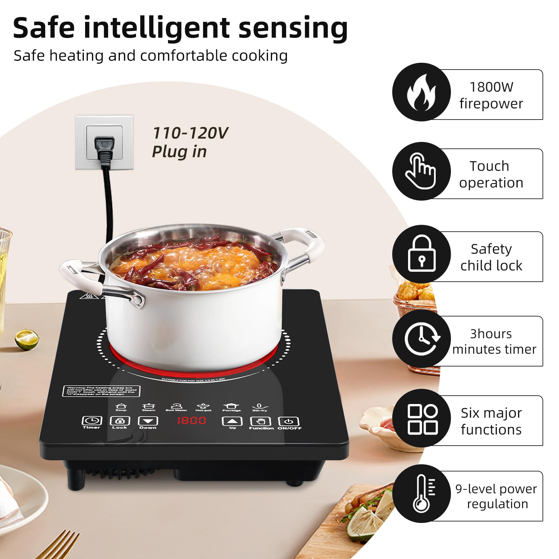 Wesonorous Single Burner Electric Cooktop,110V 1800W Electric Stove Top with LED Touch Control,9 Power Levels, 3 hTimer, Safety Lock,single burner cooktop Overheat protection view 2