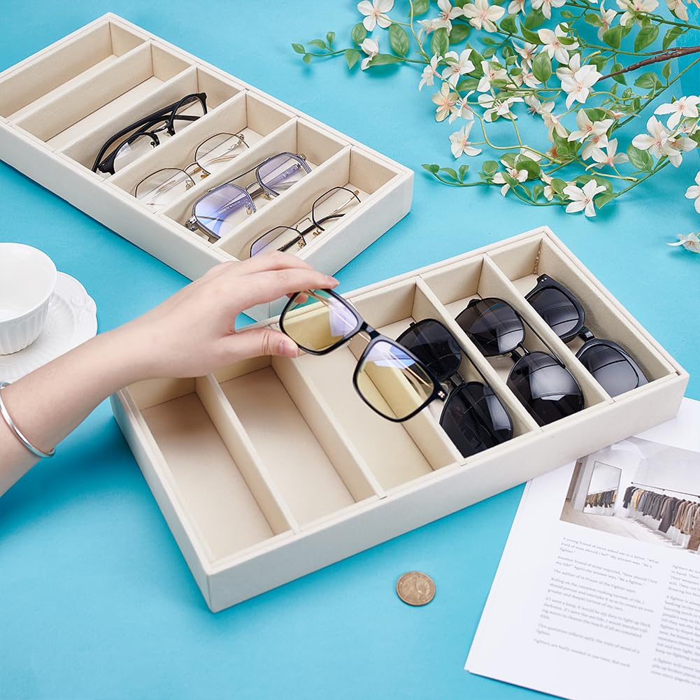 UNICRAFTALE 2Pcs Rangeur Velours pour Lunettes de Soleil Plateau Organisateur 6 Cases Beige Plateau de Présentation pour Lunettes et Bijoux Empilable Tiroir de Rangement pour Montres 38x19x4.6cm