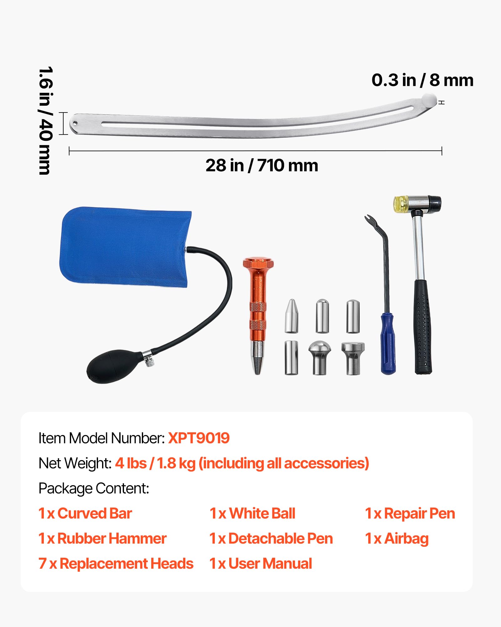 VEVOR Kit di Estrazione Ammaccature, Strumento per la Rimozione di Ammaccature da Auto Senza Vernice, Estrattore per Riparazione Danni al Parafango con Asta Curva, Strumenti per Testine di Ricambio