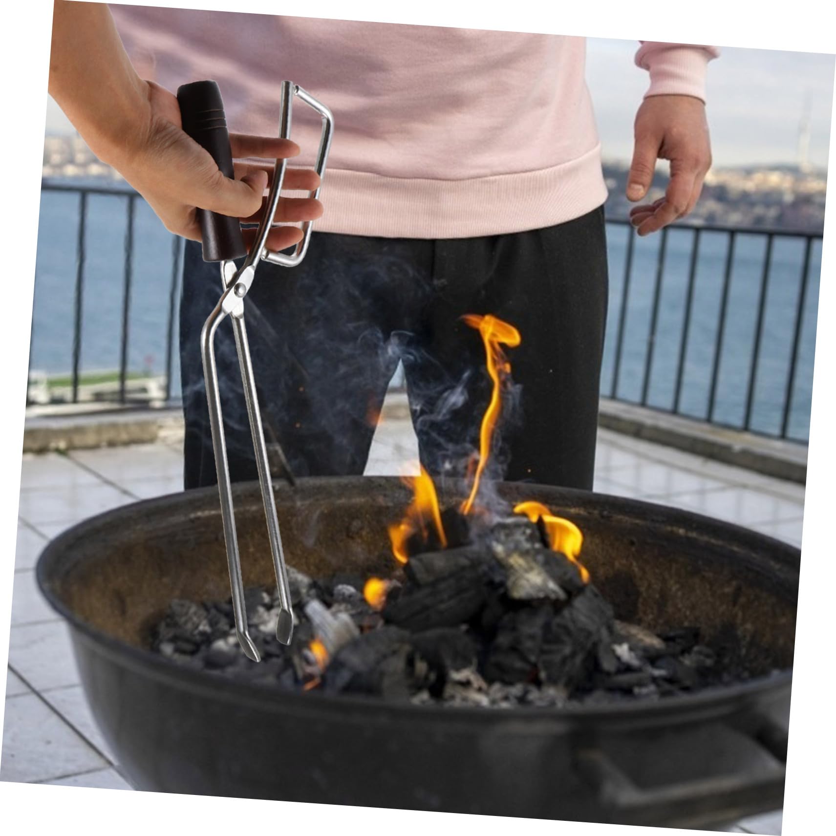 Pinza de Carbón Alargada de Acero Inoxidable Mango de Madera | Barbacoa, Pinzas para Barbacoa, Celebracion Verano, Uso Exterior y Hogar