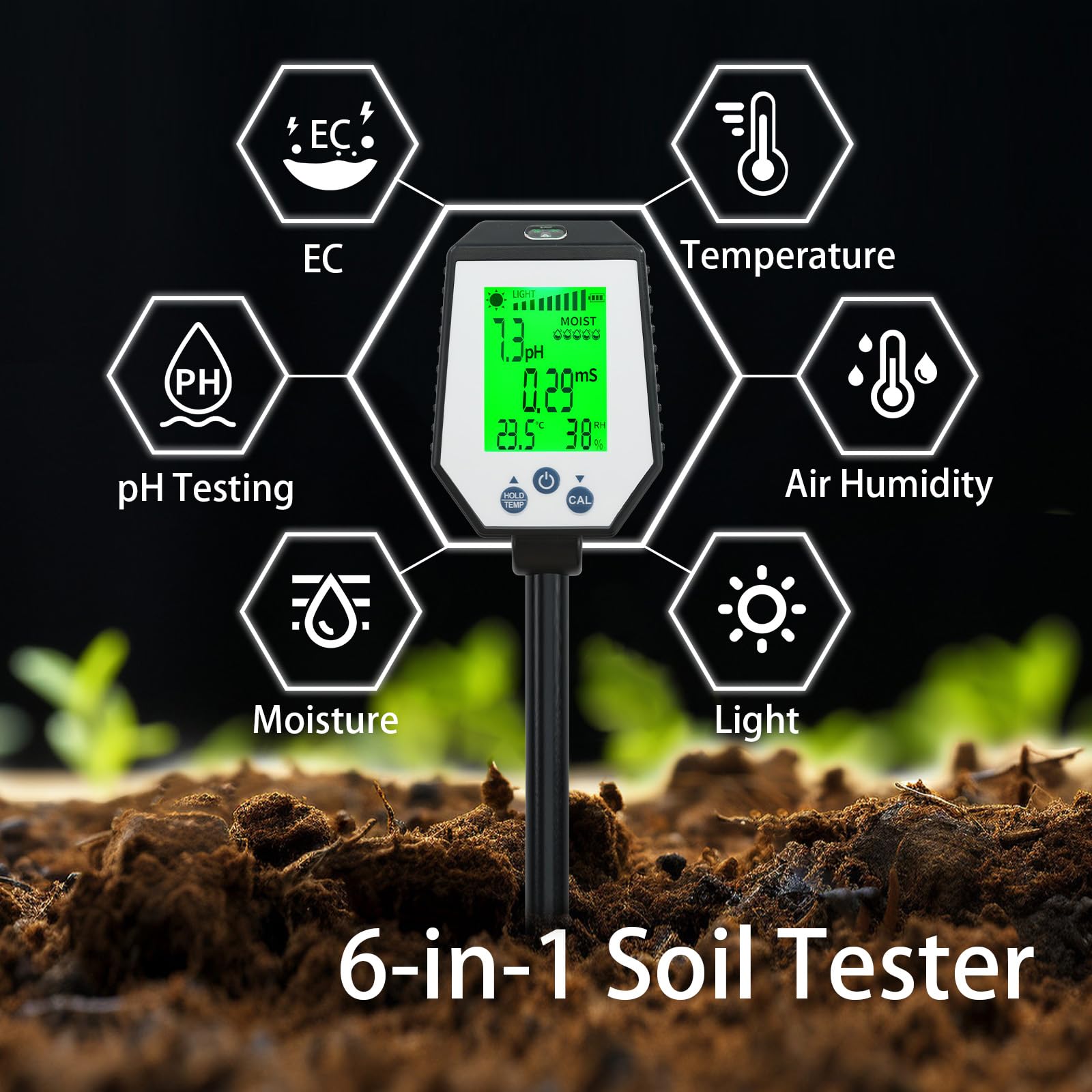 Comprobador de suelo digital giratorio 6 en 1: medidor preciso de PH, humedad, temperatura, luz y Ec para interiores y exteriores, fermentación, granjas y céspedes
