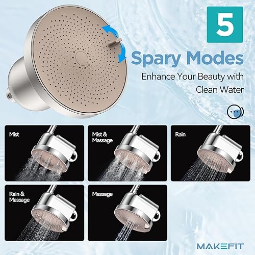Miniatura 3 de MakeFit Cabezal de ducha filtrado, cabezal de ducha de lluvia de alta presión de 5 ajustes para suavizador de agua dura, fácil de instalar y
