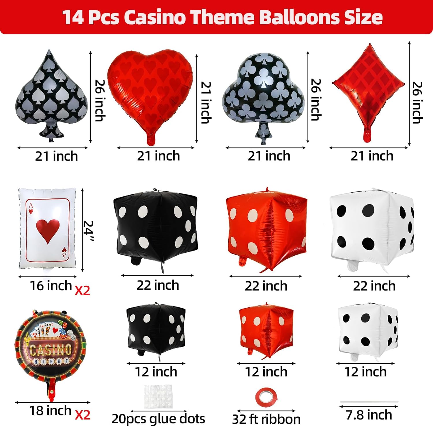 Dice and Poker Cards Casino Balloons Decorations, 14 Pcs Large Dice Casino Theme Balloons for Birthday Party Decoration, Texas Poker Parties Decor Game Night Las Vegas Themed Party Supplies