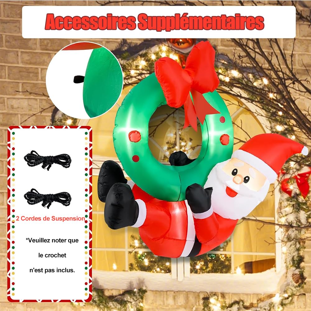 SOARS Decoration Noel, Père Noël Gonflable 120 X 50 X 120CM avec 5 lumières | LED Résistant aux Intempéries, Couronne de Noël Porte, Fenêtre, Deco Noel Extérieur Interieur Maison pour Cour, Jardin
