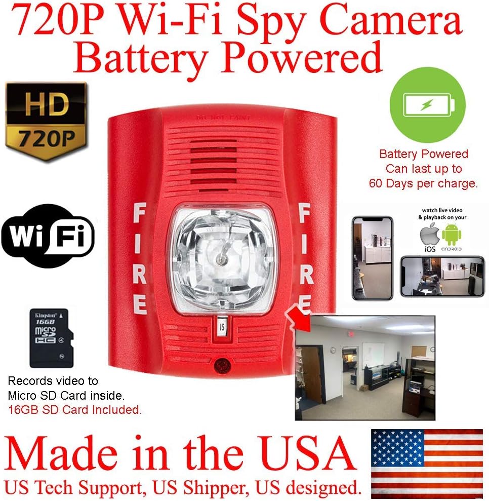 SecureGuard WiFi 60 Day Battery Powered 720P Fire Alarm Strobe Light Hidden Spy Camera (60 Day Battery, 16GB SD, 720P Resolution)
