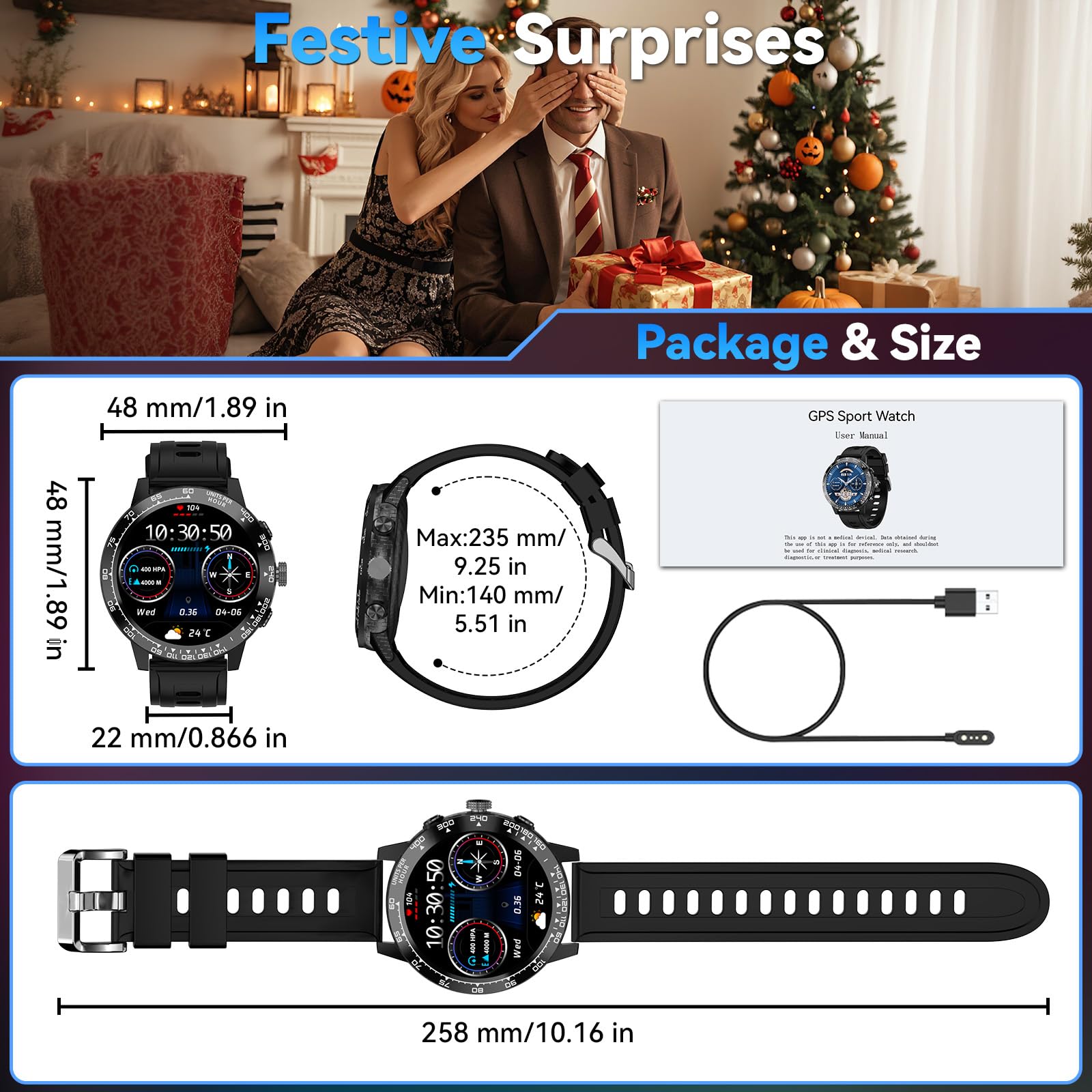 Smartwatch Uomo Donna con GPS, 1.508" AMOLED Orologio Smartwatch con Chiamata Telefoniche, 170+ Modalità Sport, Monitoraggio Cardio/Sonno/SpO2, Impermeabile Fitness Tracker per iOS e Android