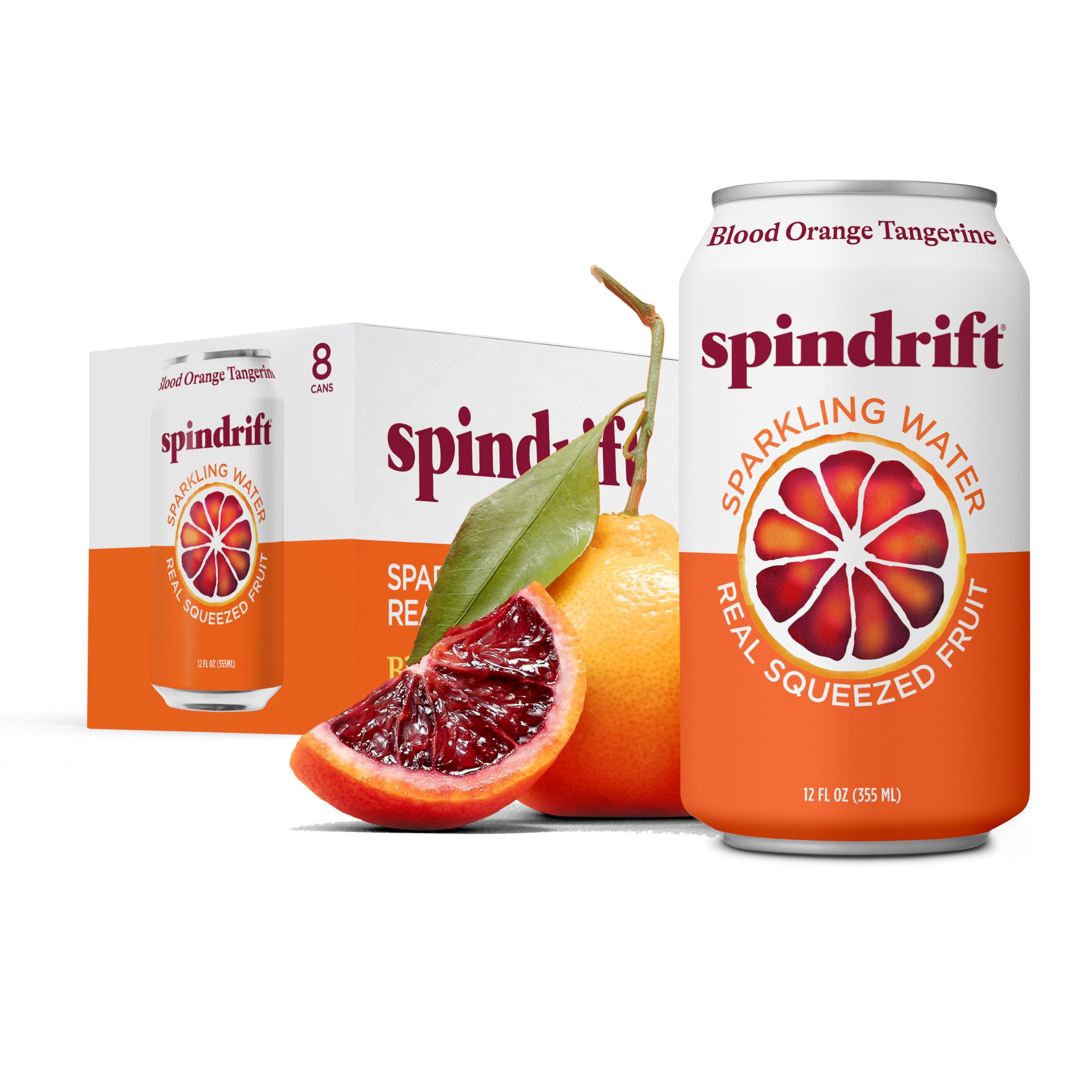 Sparkling Seltzer Water, Blood Orange Tangerine Flavored, Made with Real Squeezed Fruit, 12 Fluid Ounce Cans, Pack of 8 Cans