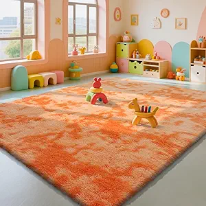 Mottling Orange Fluffy Rug Shaggy Area Rug, 8x10 Area Rugs for Girls Bedroom, Big Soft Shaggy Bedside Non-Slip Plush Dorm Nursery Kids Carpet Home Decor Aesthetic