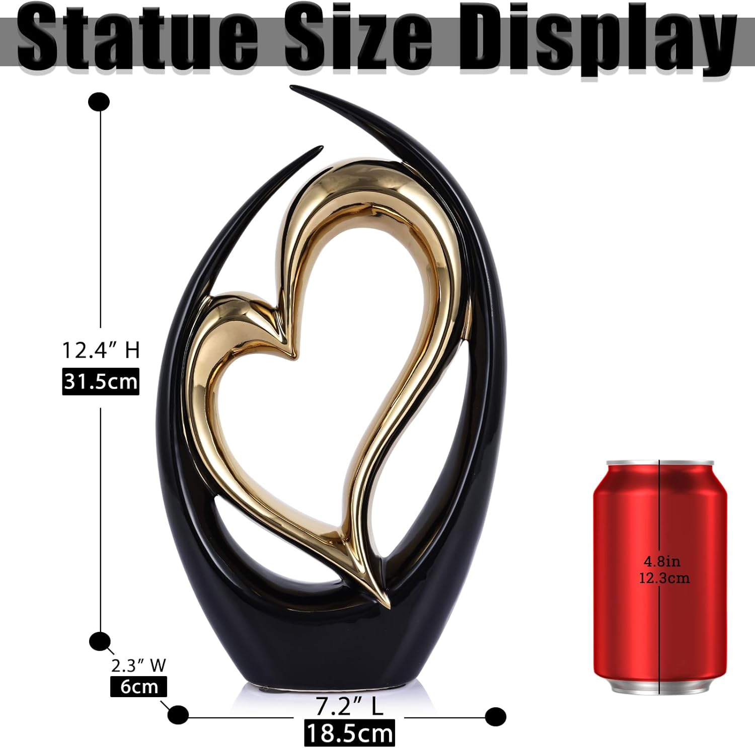 Ceramic Heart Decor Love Statue, Black Glod Double Hearts Sculptures for Home Table Centerpiece Decor, Valentine, Wedding, Decorative Items for Shelves, Coffee Table Decor (Hug Heart-Tall)