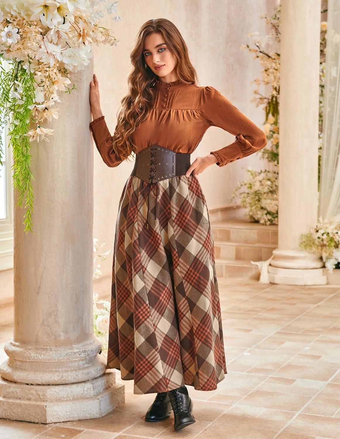 Scarlet Darkness Long Plaid Skirts for Women High Waist A Line Pleated Fall Maxi Skirts - Image 8