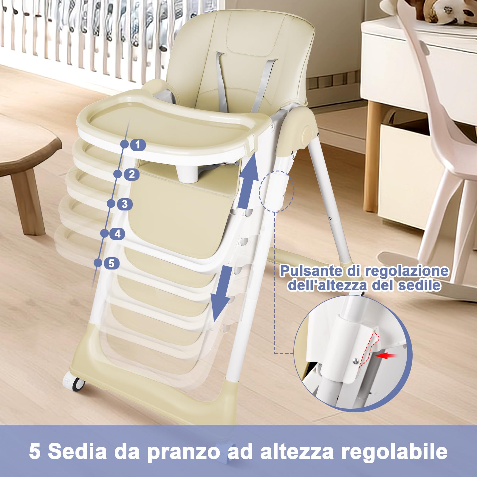Seggiolone Pappa Portatile, Seggiolone Evolutivo con Vassoio Doppio Rimovibile, Altezza/Poggiapiedi/Schienale Regolabili, per Bambini da 6 Mesi a 6 Anni