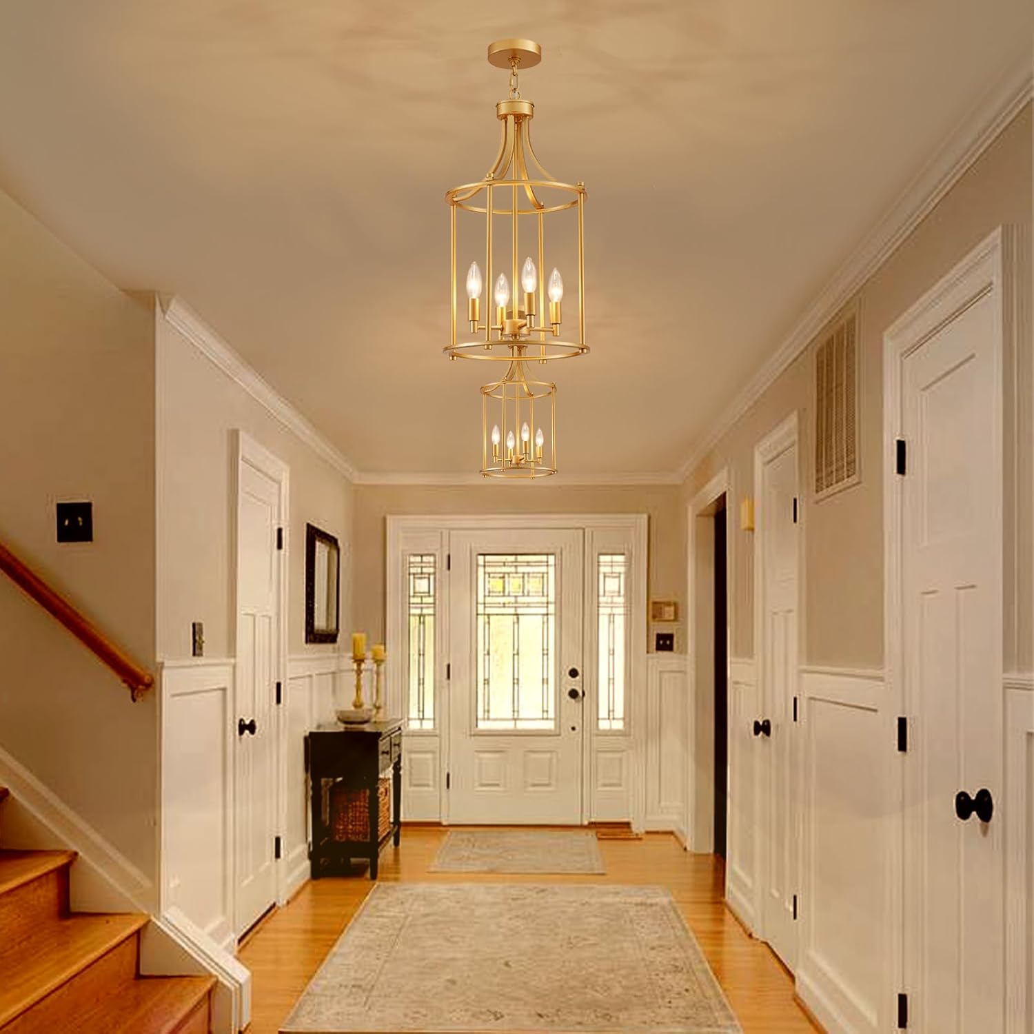 XINGQI Gold Chandeliers for Dining Room,4 Light Hanging Lantern Pendant Light Fixture Metal Farmhouse Geometric Chandelier Cage Pendant for Kitchen Island Entryway Living Room