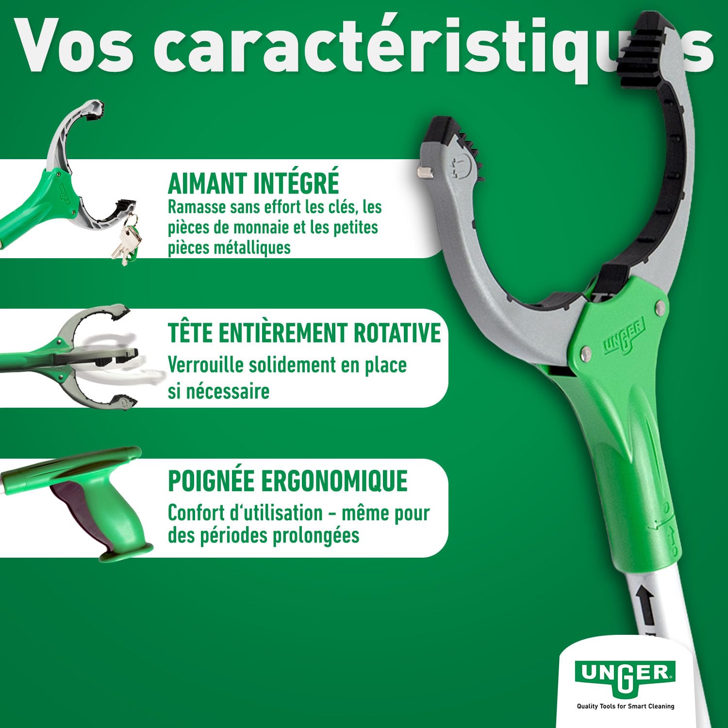 UNGER NiftyNabber Trigger Préhenseur tout usage (longueur de 93 cm, pince à déchets, avec pointe aimantée, tête de préhension rotative à 360°, très robuste) NT090