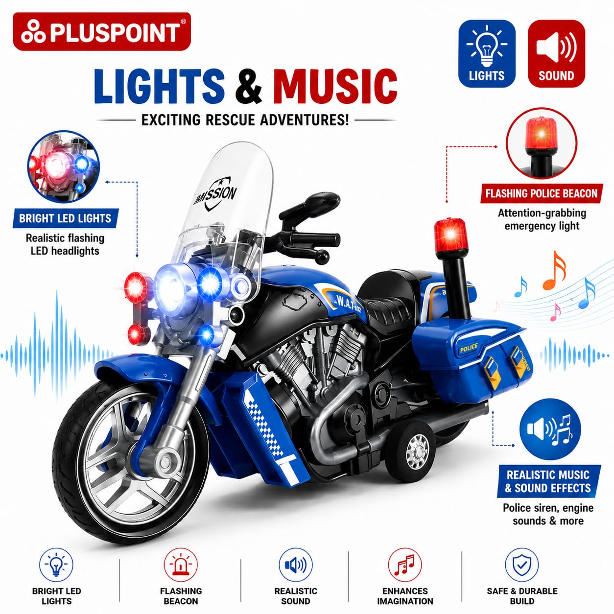 PLUSPOINT Police Rescue Bike Toy for Kids | Friction Powered Push & Go Police Motorcycle with Lights & Music | Emergency Vehicle Simulation Toy for Boys & Girls Age 3-6 Years 2