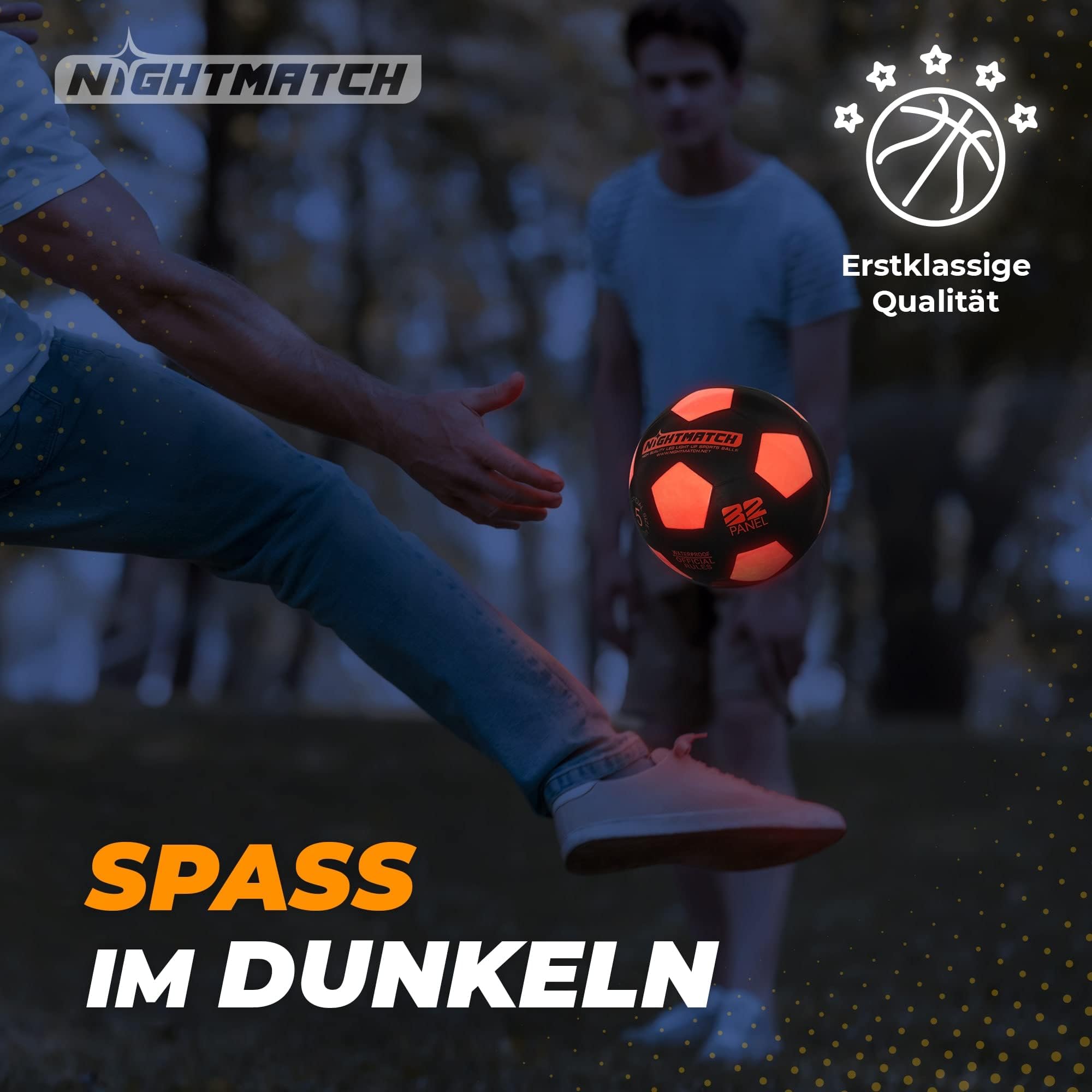 NIGHTMATCH Oficjalny rozmiar 5 wodoodpornych piłkarzyków LED – świecąca piłka nożna do gier nocnych, dla dzieci, dorosłych – kompletny zestaw z pompką i dodatkowymi bateriami