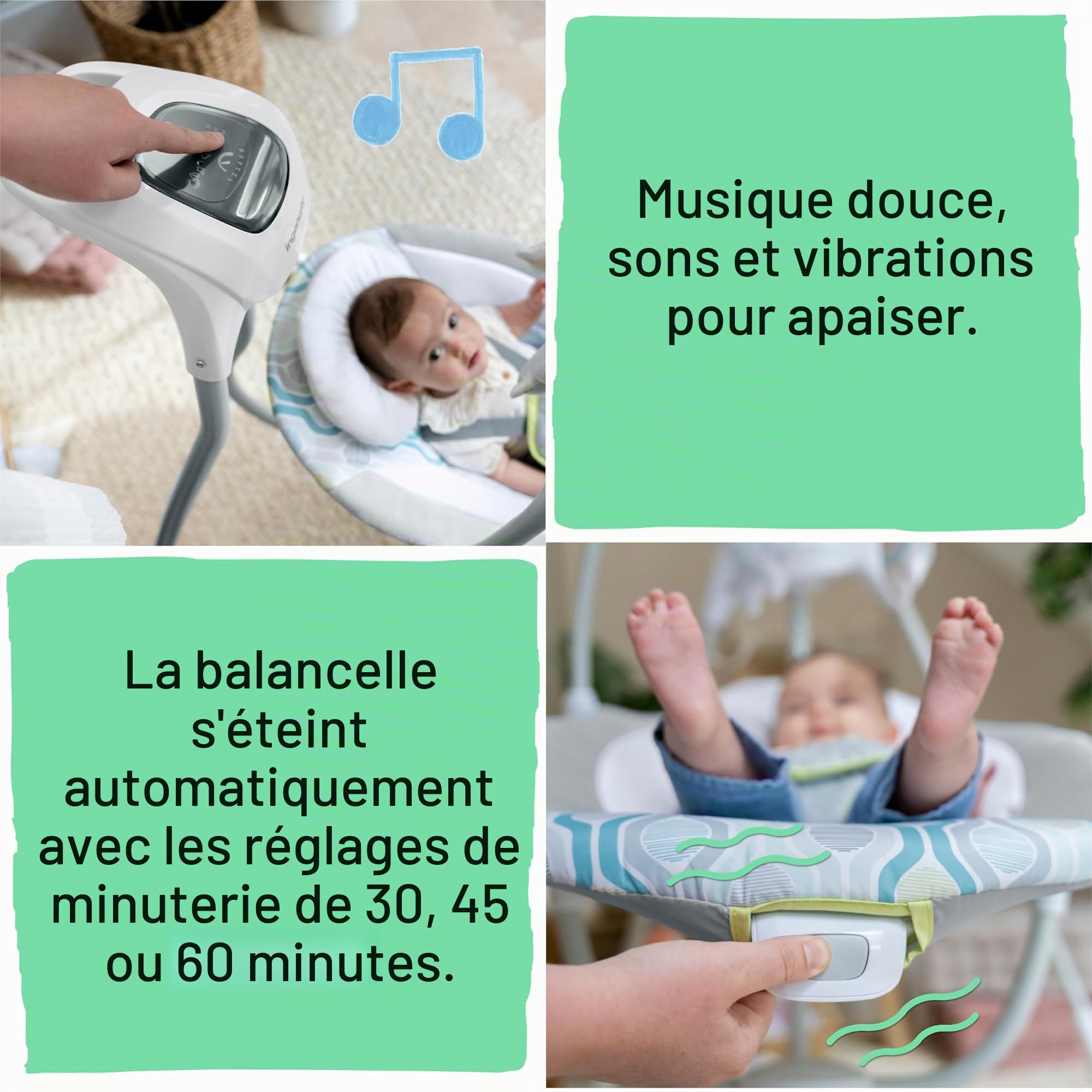 Ingenuity Balancelle Toutconfort Everston, 6 vitesses, 3 sens de balancement, 8 mélodies,3 sons de la nature, mobile avec 2 jouets en peluche, siège tourne à 180 degrés, dès la naissance à 9 kg