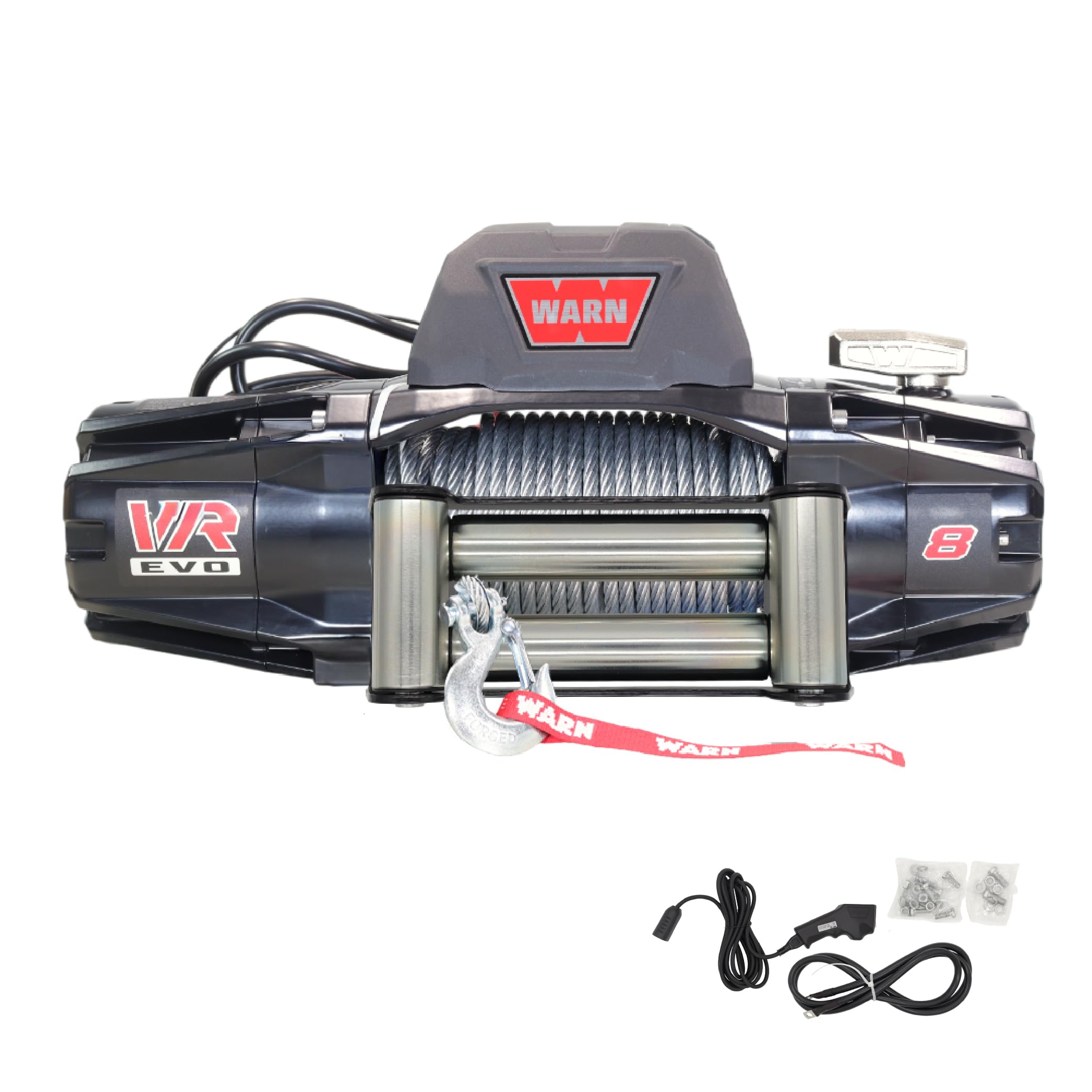 WARNVR EVO 8 Standard Duty Electric Winch for 2-Door Jeeps and Lighter SUVs, 12V DC, 8,000 lb Line Pull, 90 ft Steel Cable with Roller Fairlead, IP68 Waterproof, Series-Wound Motor.