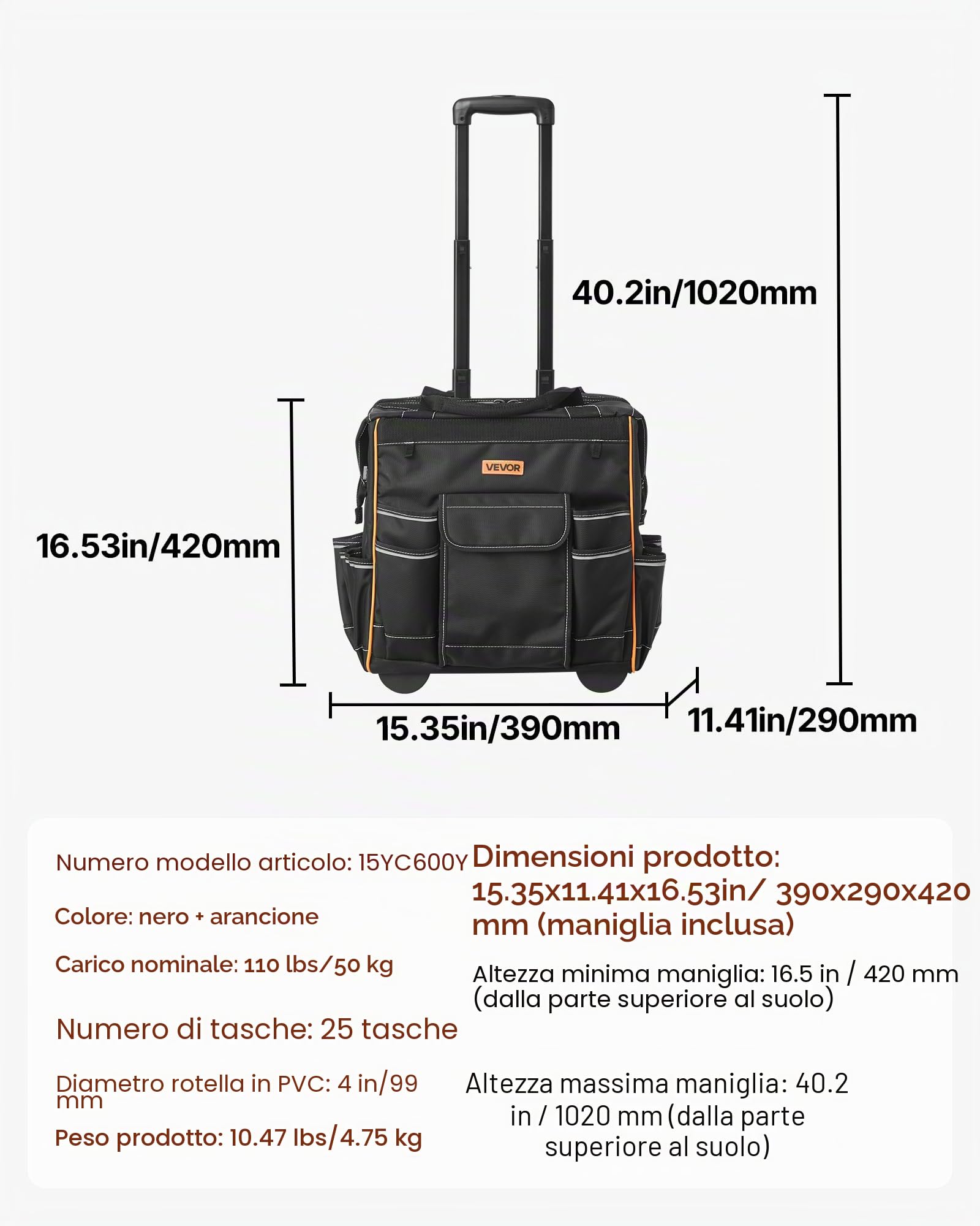 VEVOR Zaino Portautensili con Ruote, Capacità max. 50 kg, Borsa Portautensili con Ruote da 25 Tasche, Maniglia Telescopica Regolabile, 390 x 290 x 420 mm, Organizzatore per Borse per Lavoro