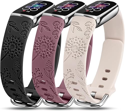 Miniatura 12 de Minyee Paquete de 3 correas compatibles con Fitbit Luxe para mujer, de silicona suave, con grabado floral, correa deportiva de diente de león,