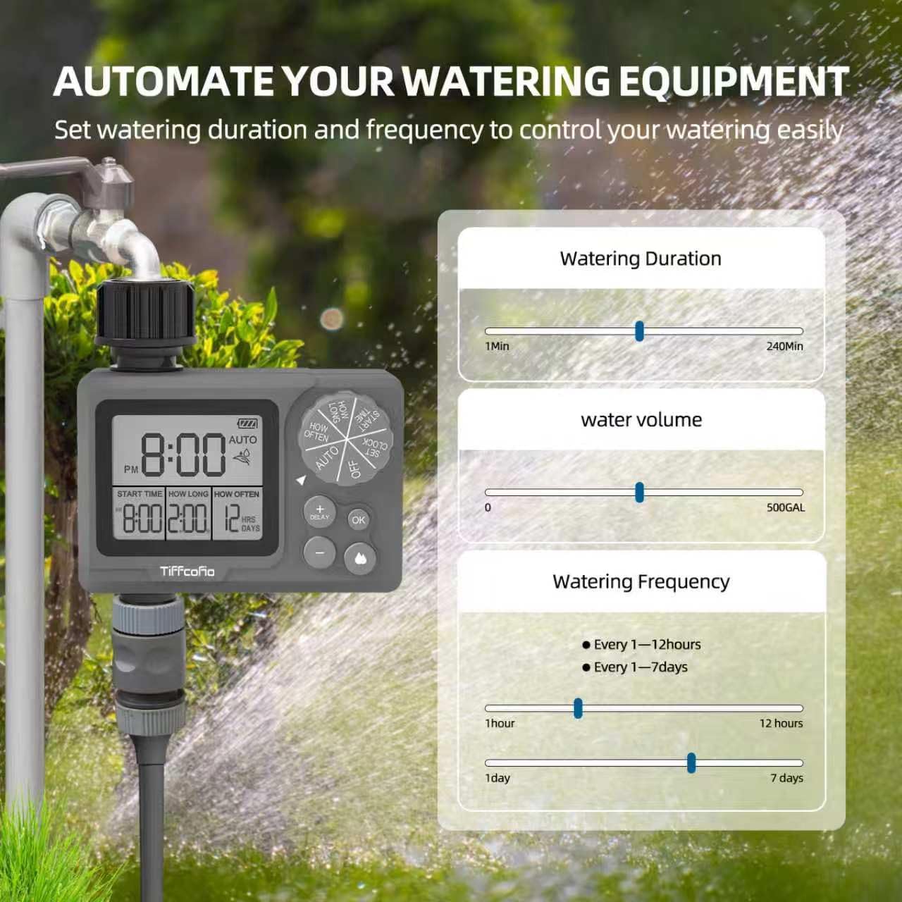 TiFFCOFiO New Sprinkler Timer Outdoor, Digital Programmable for Garden Hose, Irrigrtion Timer with Rain Delay and Manual Mode