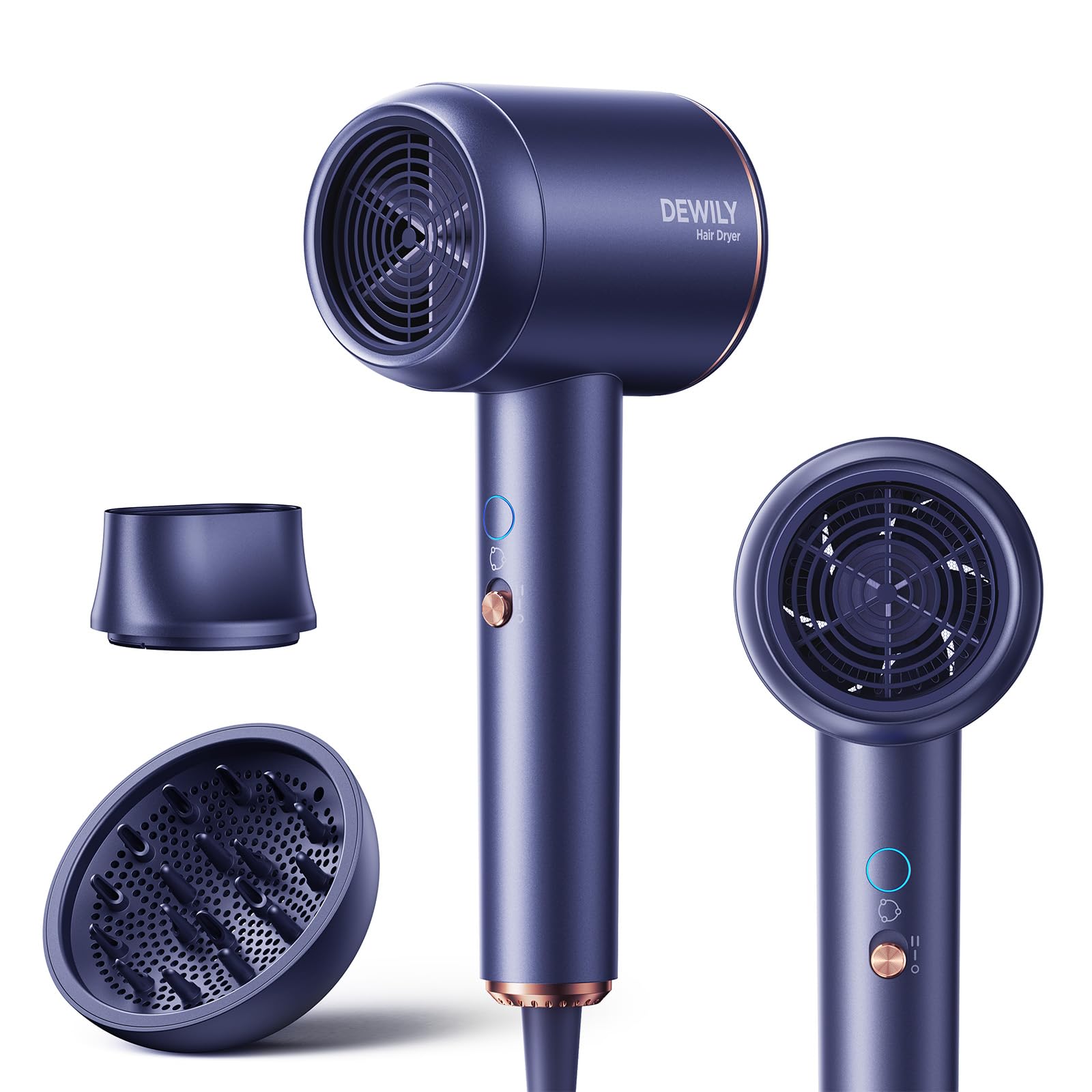 Sèche-cheveux ionique avec diffuseur 1800 W – Sèche-cheveux à séchage rapide, 3 réglages de température/2 vitesses, compact, portable, avec diffuseur pour boucles, bleu