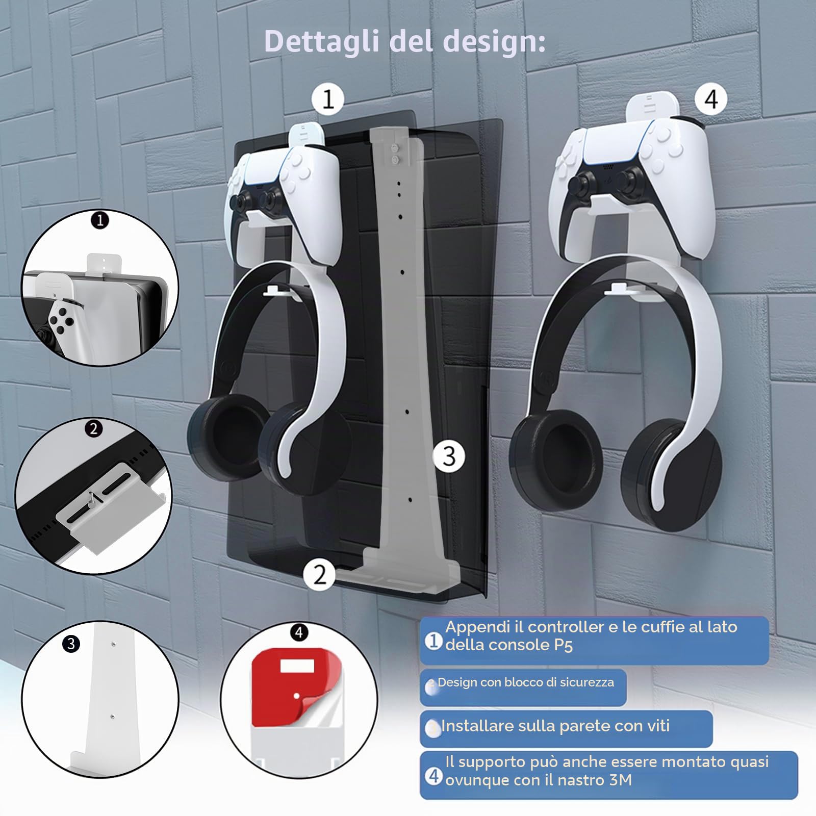 Staffa di montaggio a parete in acciaio compatibile con PS5 Pro/Slim/PS5, stabile supporto da parete in metallo per PS-5 con supporto per controller e gancio per cuffie, nero