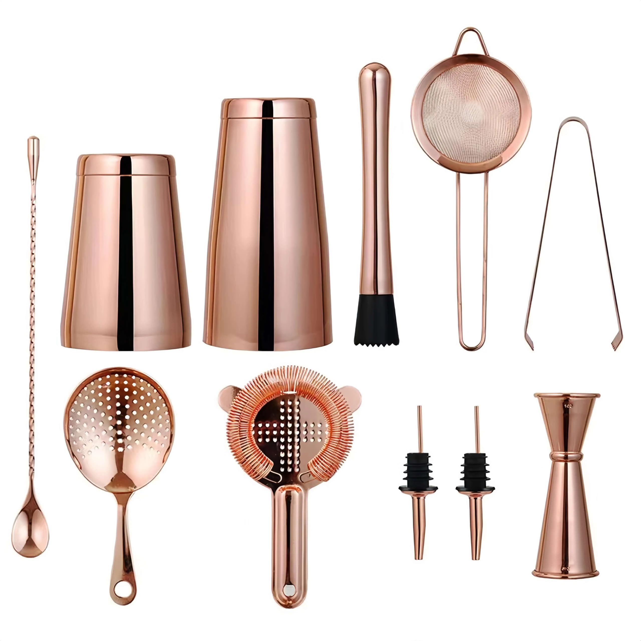 Shaker à Cocktail en INOX, Ensemble De Shakers Colorés Électrolytiques en Acier Inoxydable, À Cocktail, Accessoires for Le Vin, Cuillère Absinthe(11 Set Rose Gold)