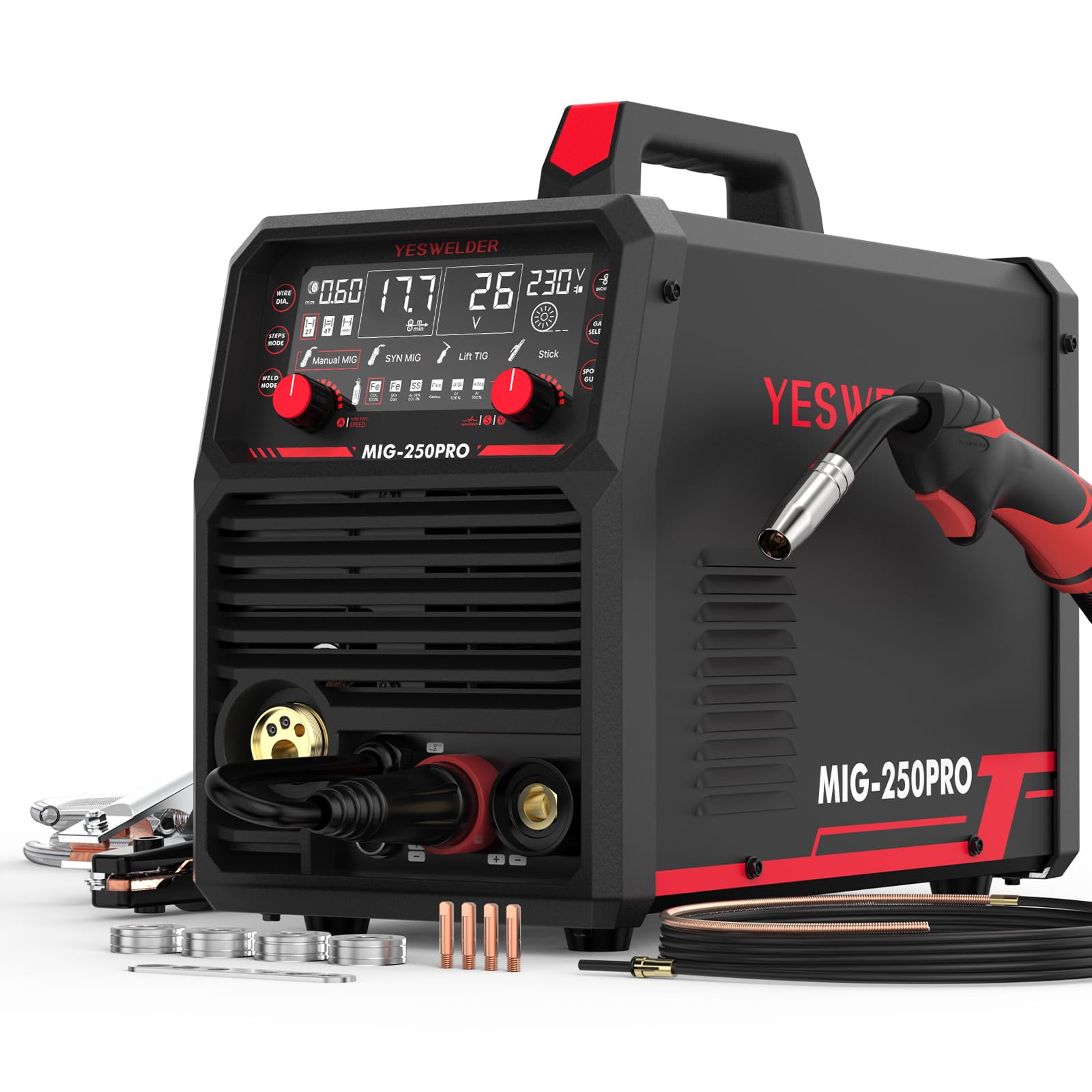 YESWELDER Soldadora MIG para Aluminio 250Amp 230V, MIG/MIG Pulsado/Flux Core/MIG Aluminio/TIG Lift/Electrodo Soldador 6 en 1 Multiproceso, Pantalla Digital, Compatible con Pistola de Carrete