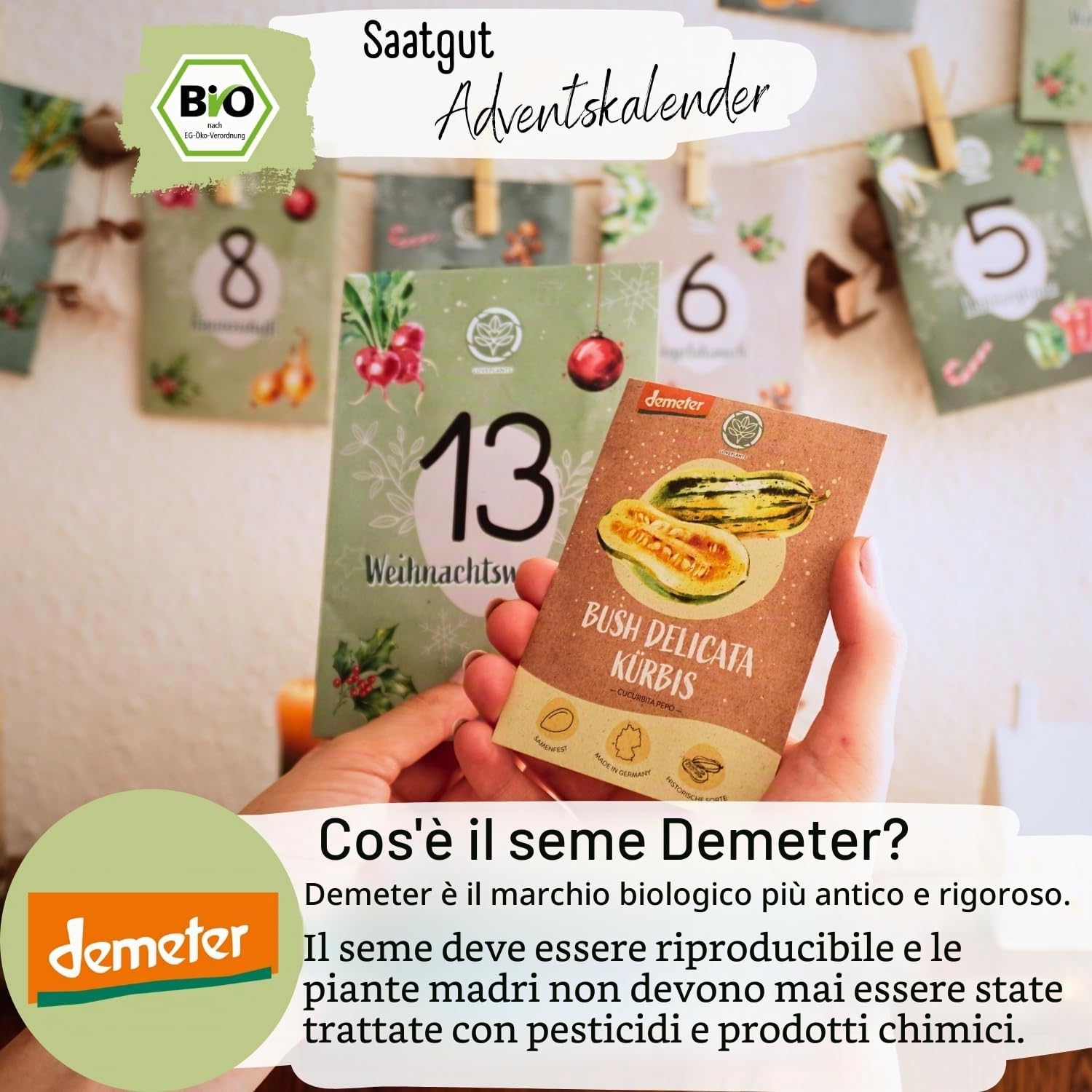 Calendario dell'avvento 2024 con semi biologici, con 24 varietà di semi di verdure Demeter, calendario fai da te di Loveplants con clip, buste e cordoncino, regalo per gli amanti del giardino, gli