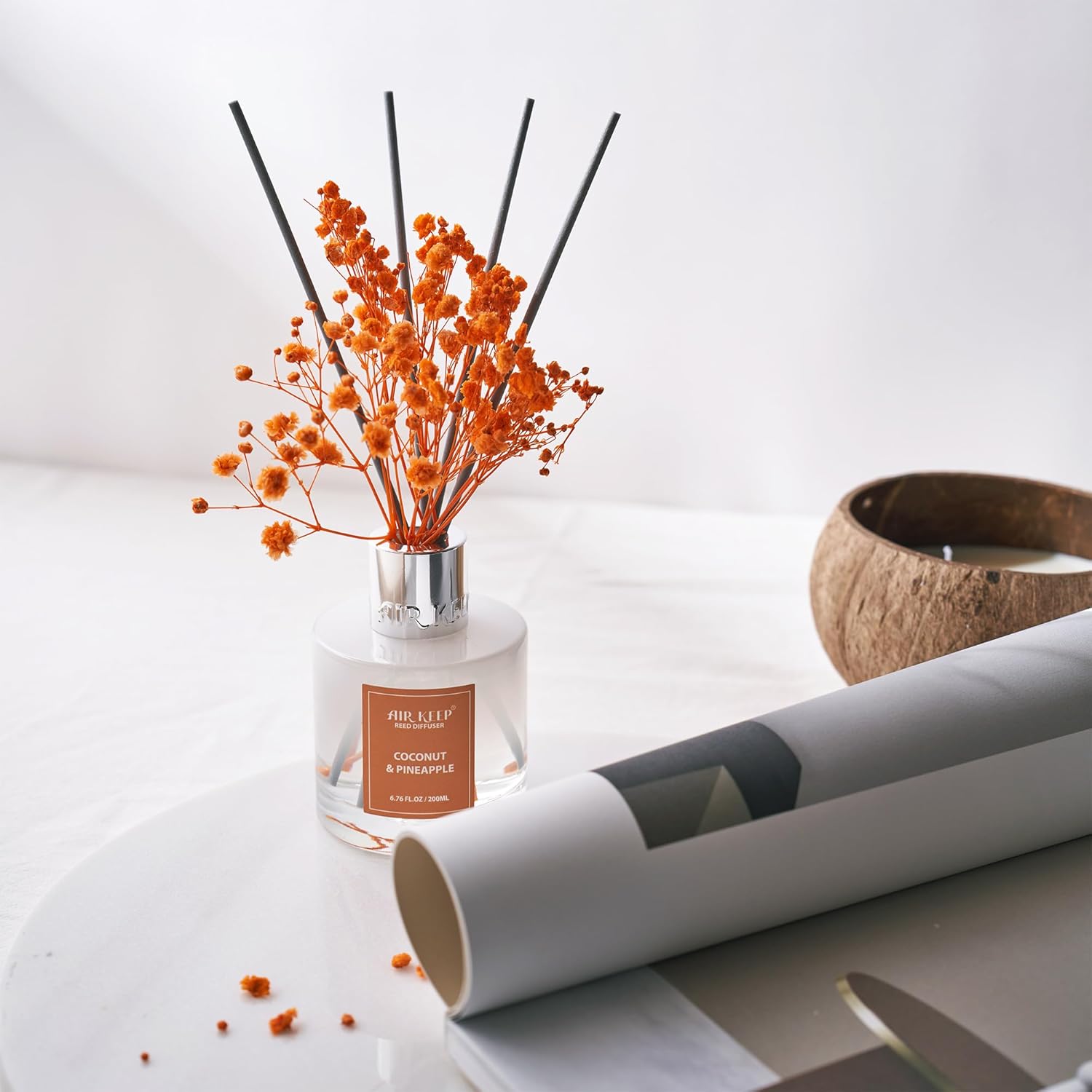 Airkeep Reed Diffuser Set,6.76 fl oz (200 ml) - Coconut & Pineapple Oil Diffusers with 8 Reed Sticks, Home Fragrance Reed Diffuser for Bathroom Shelf Decor - Image 2