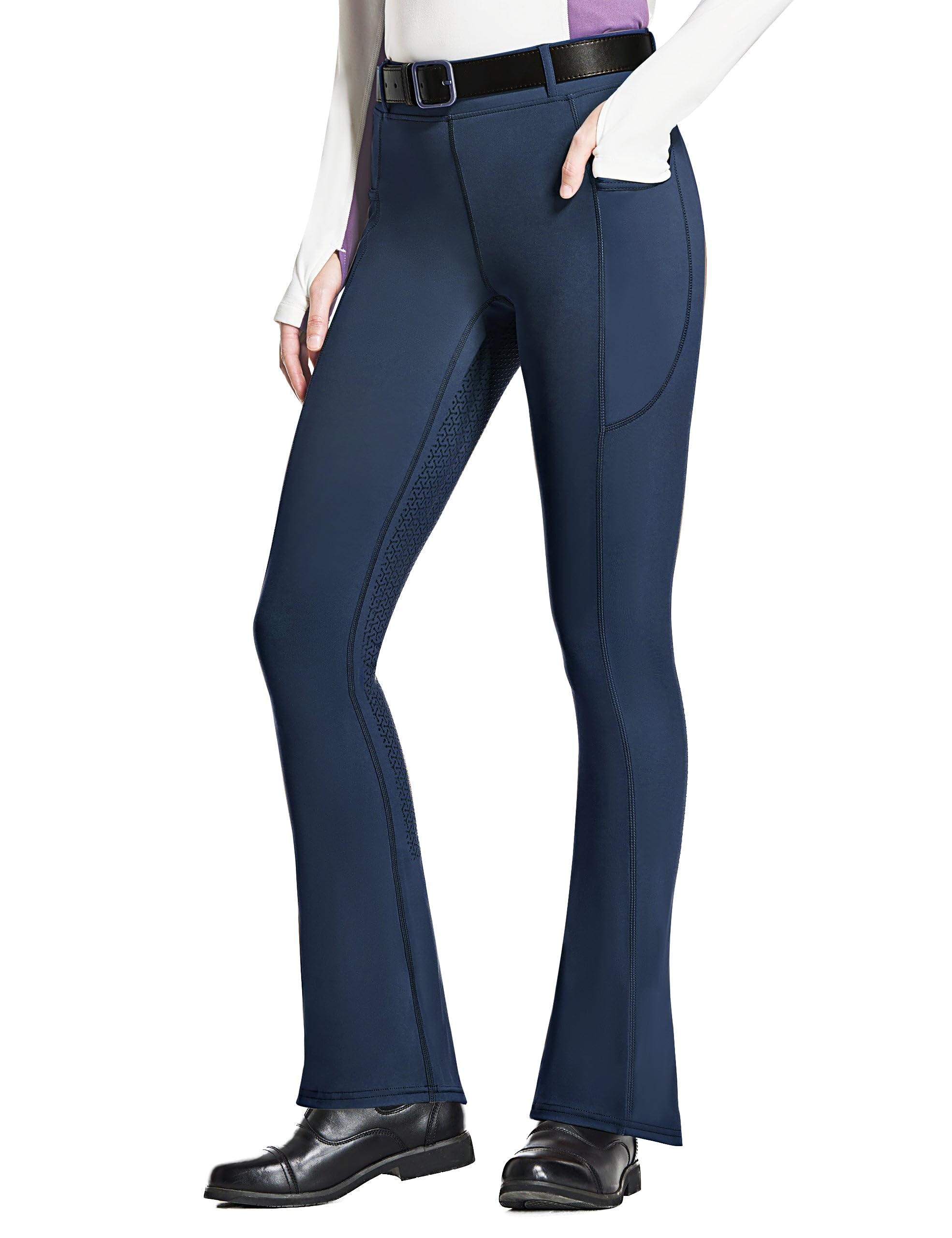FitsT4 Sports Damen Reithose Bootcut Reitleggings Silikon Vollbesatz Schlaghose Reithose mit Handytasche und Gürtelschlaufen für Reitsport Pferdetraining Reitturnier