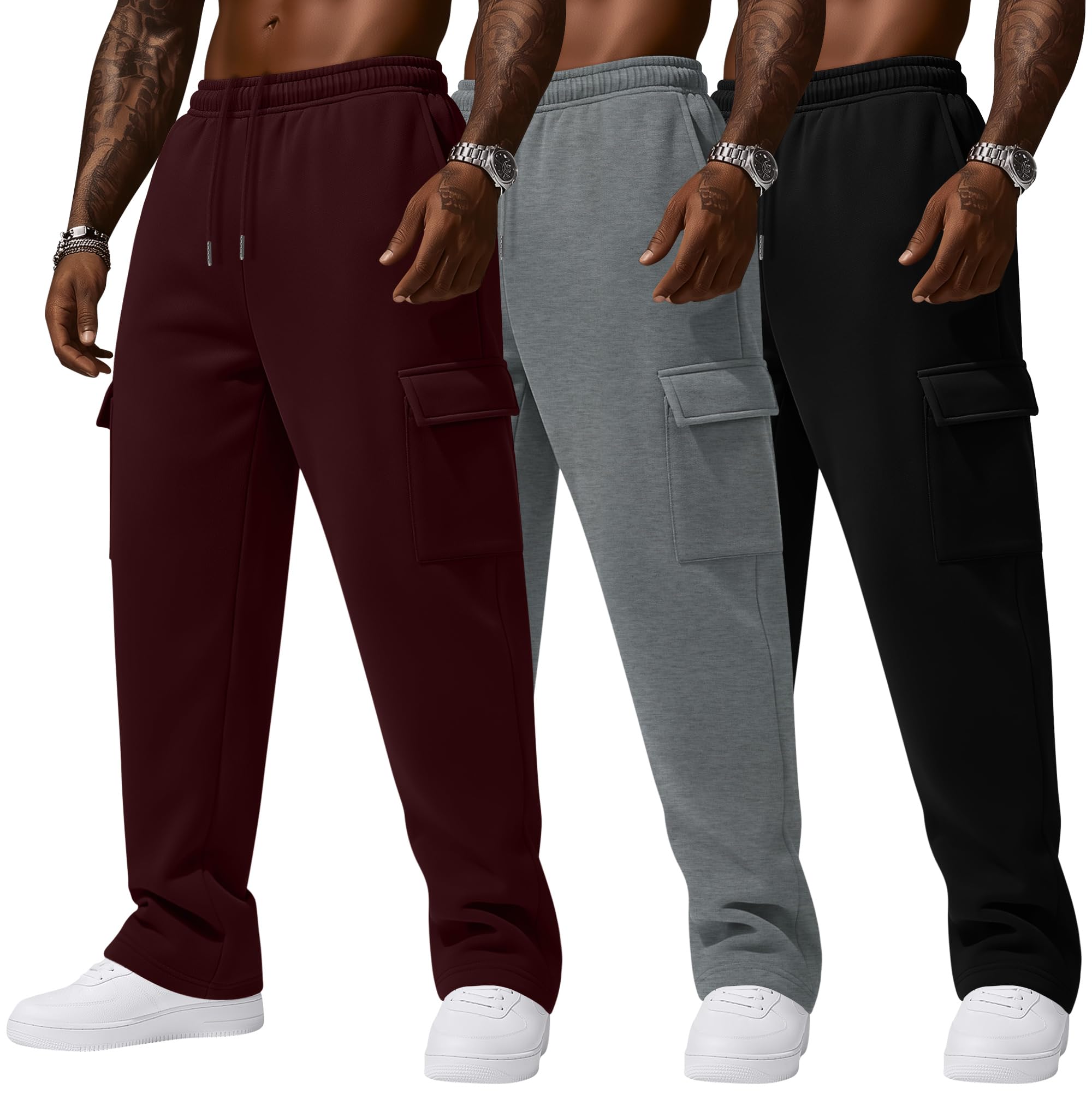 3 Pack Mens Cargo Sweatpants Baggy Joggers Lightweight Casual Built-in Drawstring Tapered Pants with Pockets