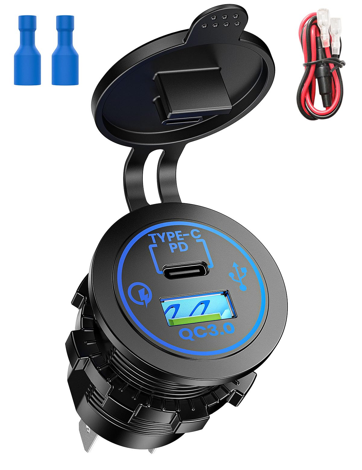 Funyord 48W Zigarettenanzünder USB C, USB Steckdose 12V/24V PD3.0 & QC3.0 Adapter Auto KFZ Ladegerät Mit Blauem LED-Licht Für iPhone, Samsung Galaxy, Huawei, Xiaomi, iPad (48W PD3.0+QC3.0)