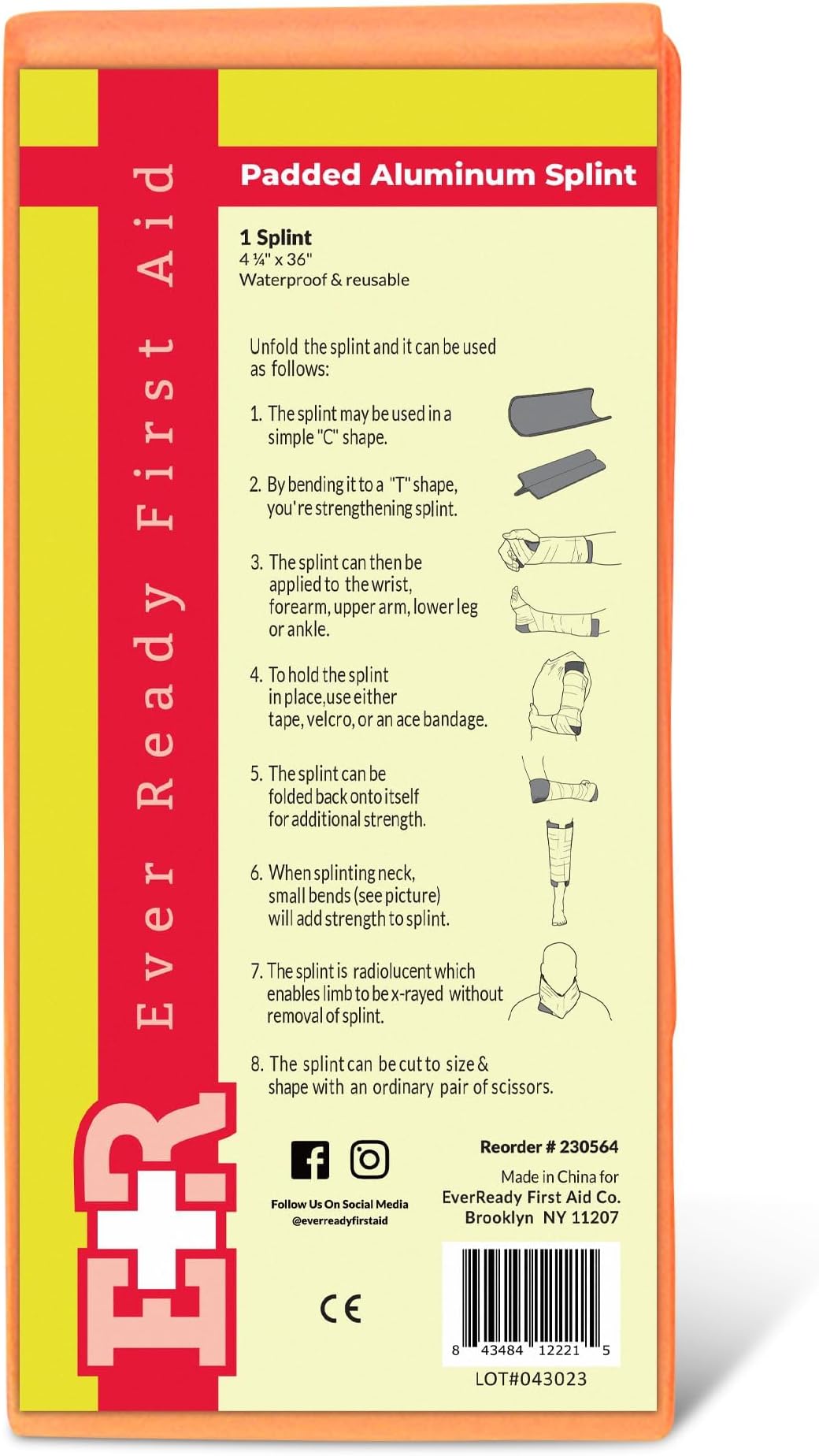 Ever Ready First Aid4.25 x 36 Inch Padded Aluminum Splint, Lightweight, Waterproof, Reusable, Flat Folded, For Hands, Legs, Wrists, Ankles, and Fractured Limbs.