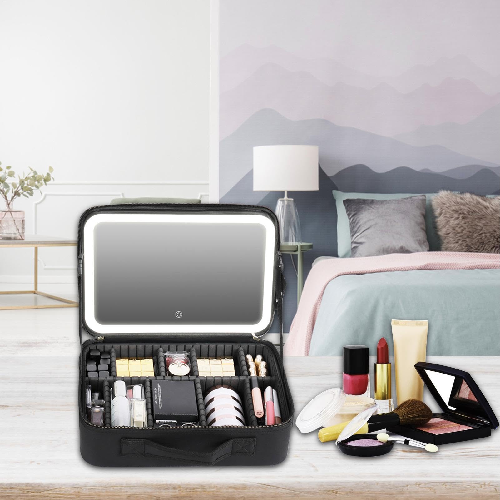 Neceser portátil – Estuche de Maquillaje de Viaje para Mujer, Estuche de | Maquillaje con Cremallera, portátil a Prueba de Polvo con Espejo y Luces, Varios Compartimentos, Negro, Small, Consulte