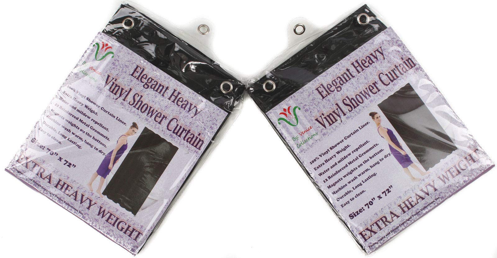 Venice Collections2-Pack Heavy Duty 100% Water, Mold, Mildew Repellent, 10 Mil, Durable Shower Curtain Liner with Reinforced Header, Rustproof Grommets, Weighted Magnetic Hem Black