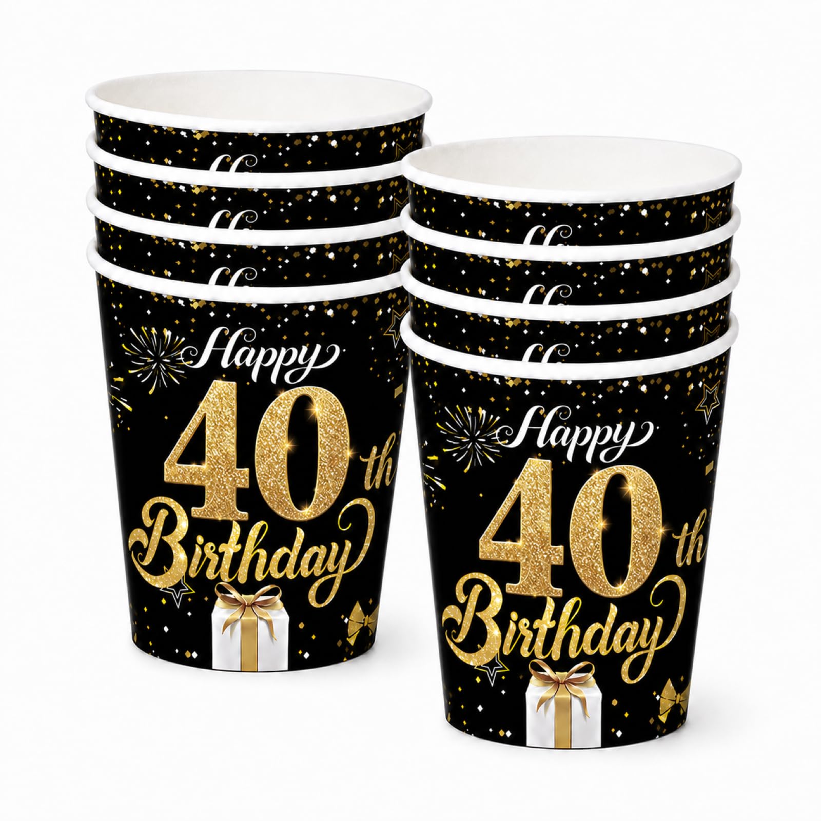 YESAH 40th Black Gold 9 oz Birthday Paper Cups 16 Pack Party Drinkware Set