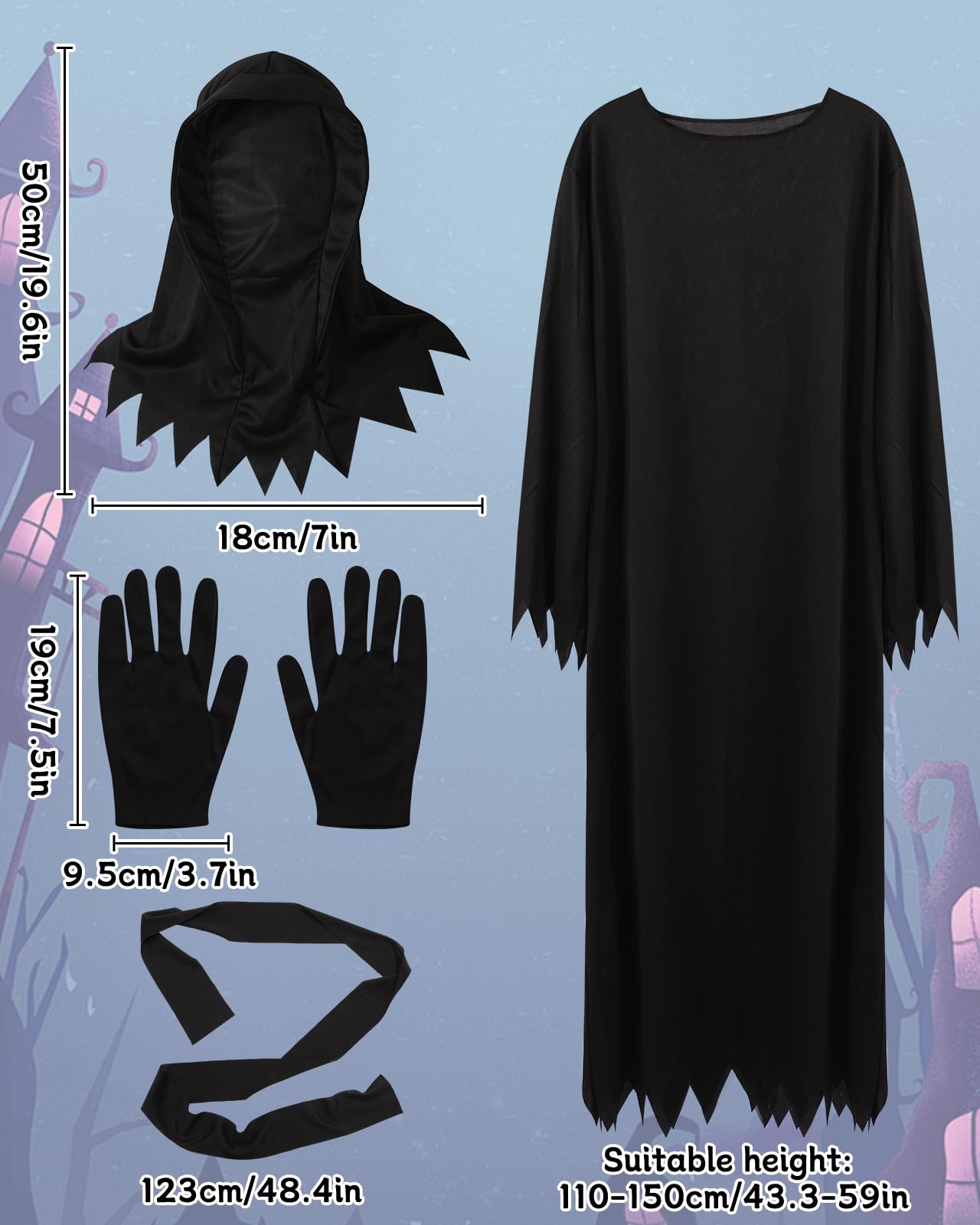 ARDFFA Grim Reaper Costume 7PCS Set, Halloween Reaper Outfit Set including Glasses, Robe, Scythe, Belt, Gloves - Image 3