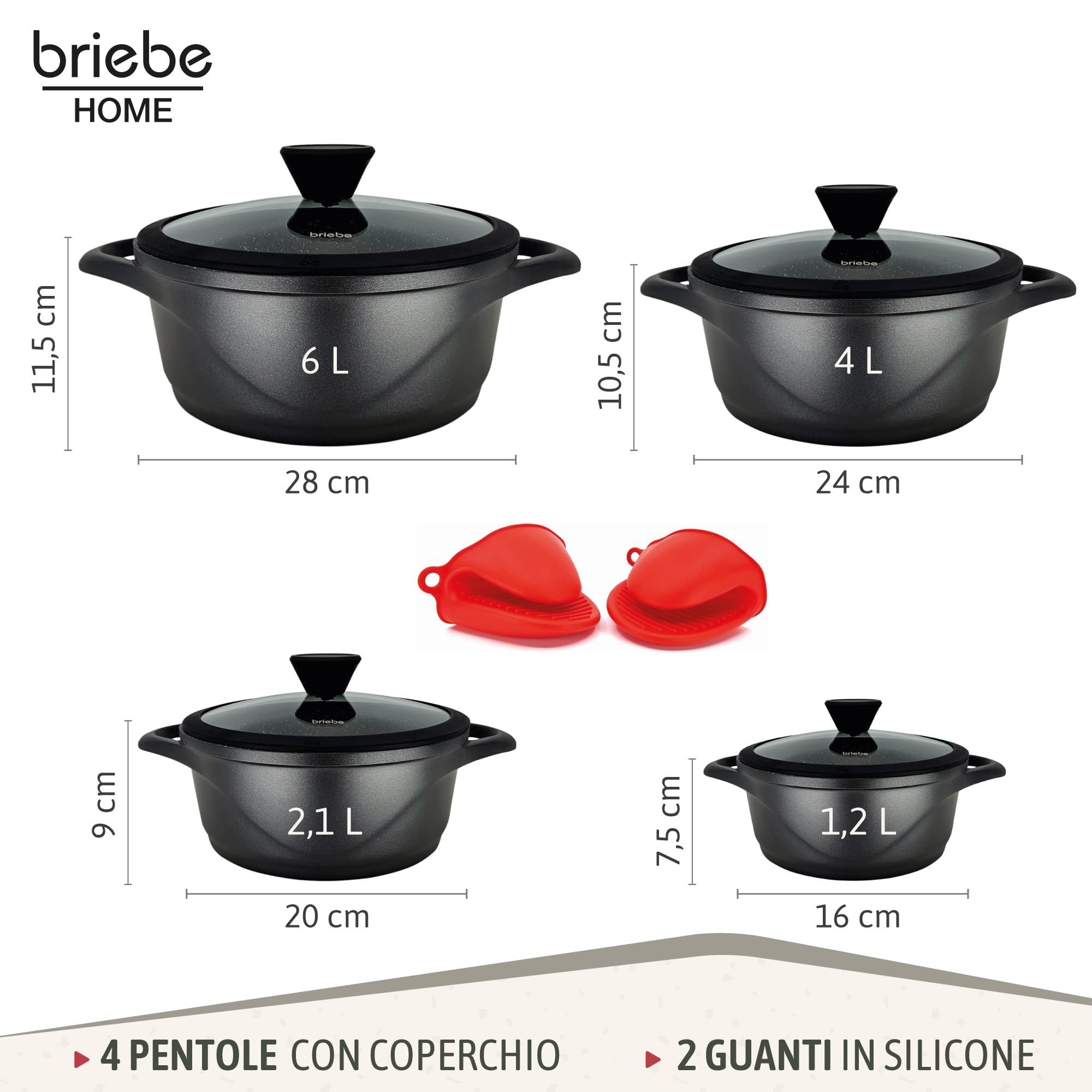 briebe Set Pentole Induzione Batteria 8 Pezzi, 4 Casseruola, Alluminio Pressofuso, Antiaderente ILAG GRANITEC senza PFOA, Coperchi in Vetro, Guanti in Silicone, Vetroceramica, Gas, Forno, MGK-12S