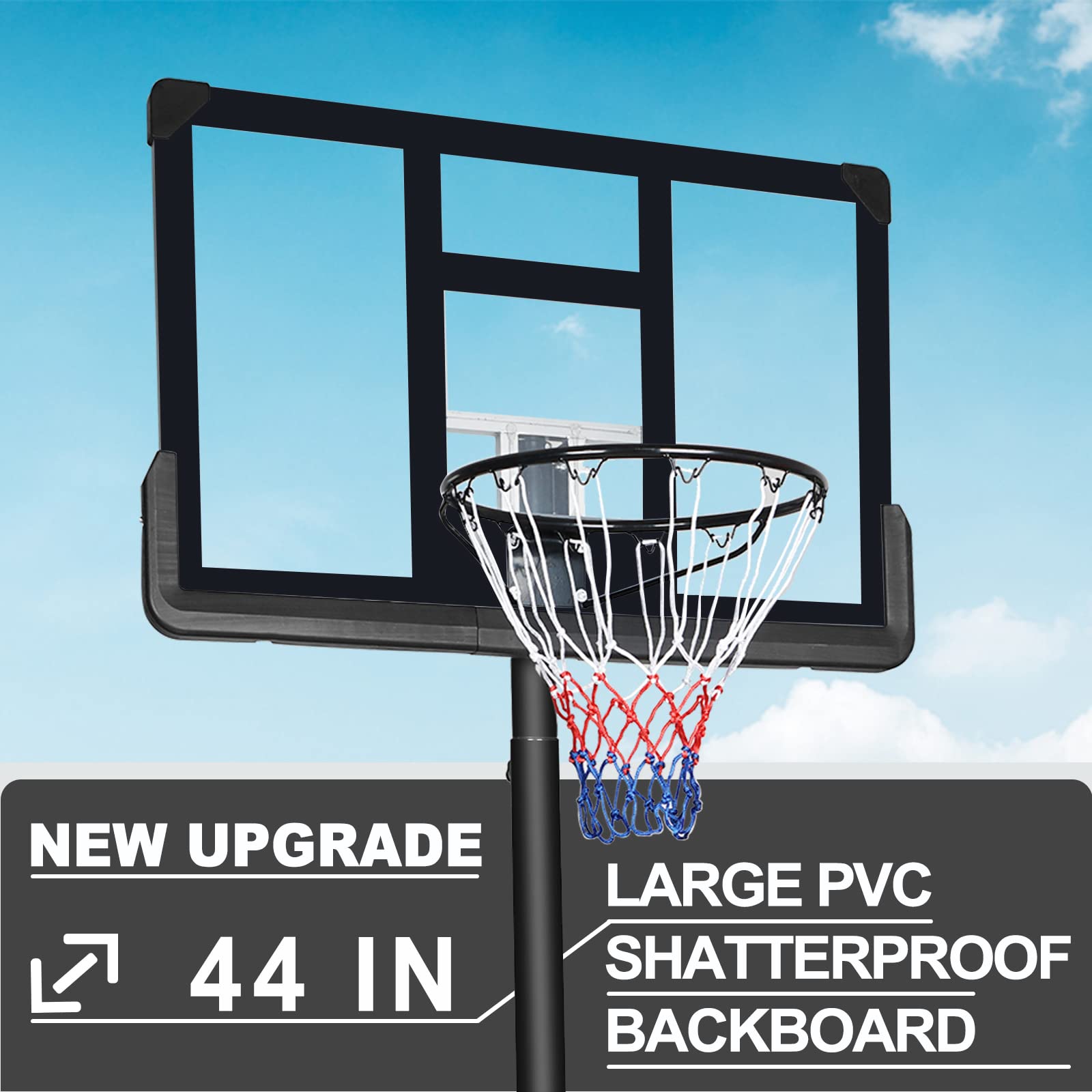 GOWE Portable Basketball Hoop Backboard System Stand Height Adjustable 6.6ft - 10ft with 44 Inch Backboard and Wheels for Adults