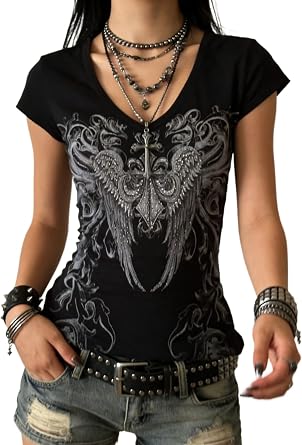 Women Y2k Clothes Grunge Shirts Emo Goth Vintage 2000s Tops Short Sleeve Graphic Tees Alt Punk Scene Clothing