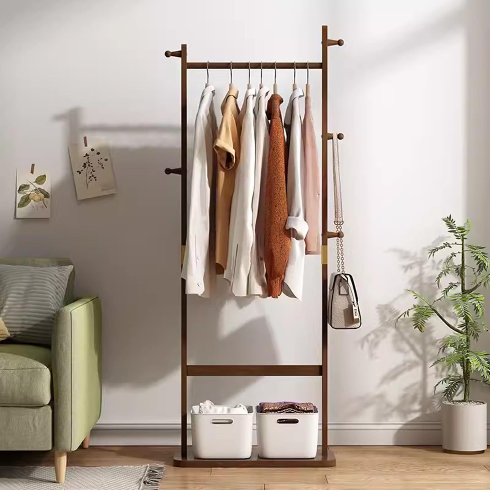 Appendiabiti In Legno Massello Noce Con 2 Ripiani E 4 Ganci: Design Salvaspazio Per Ingresso E Camera