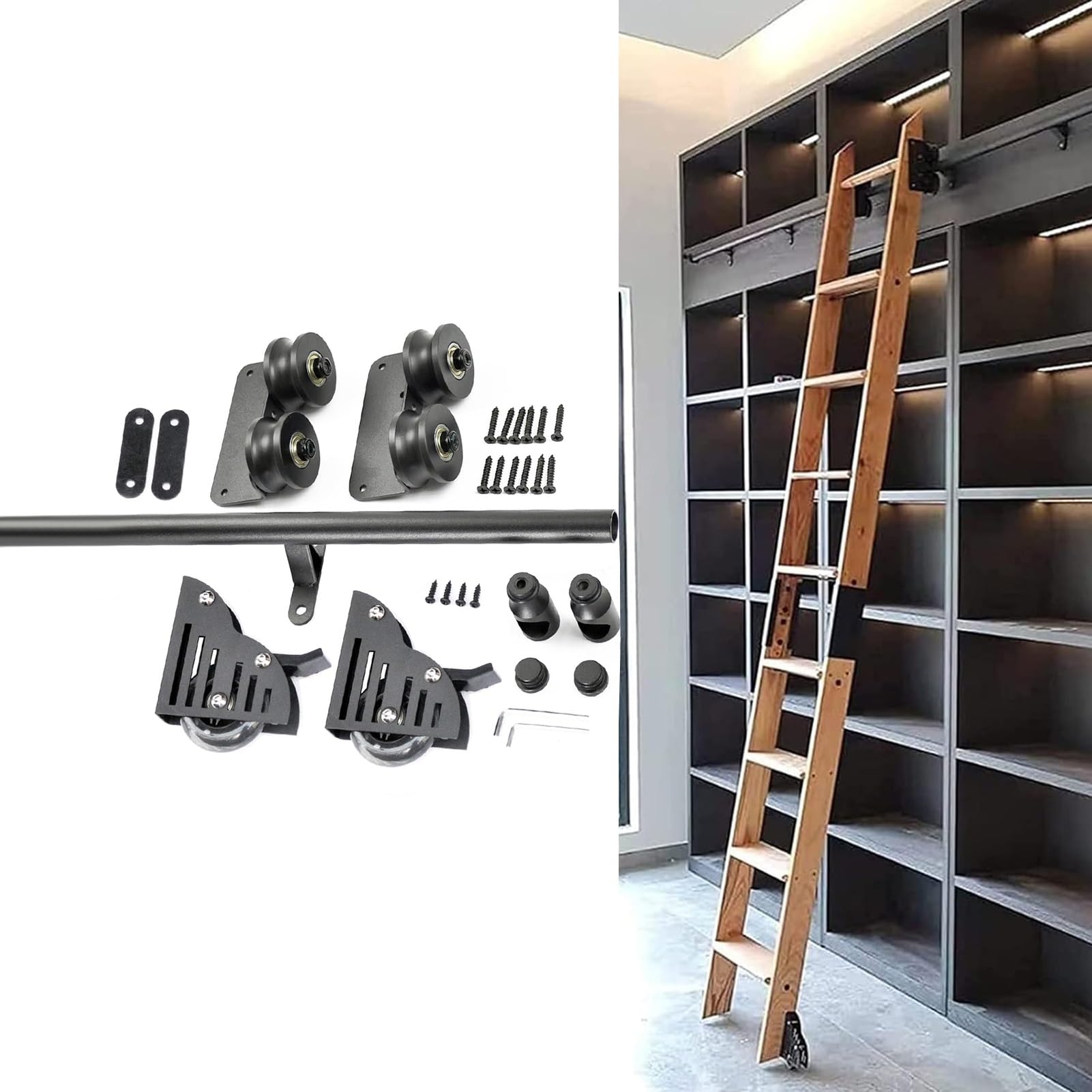 Rolling Library Ladder Hardware Kit, with Floor Roller Multi-use for Loft Stairs/Bookshelf Sliding Ladder Library Track Full Set (No Ladder), Black Steel Round Tube Mobile Ladder Tracks(6.6ft/200cm Tr