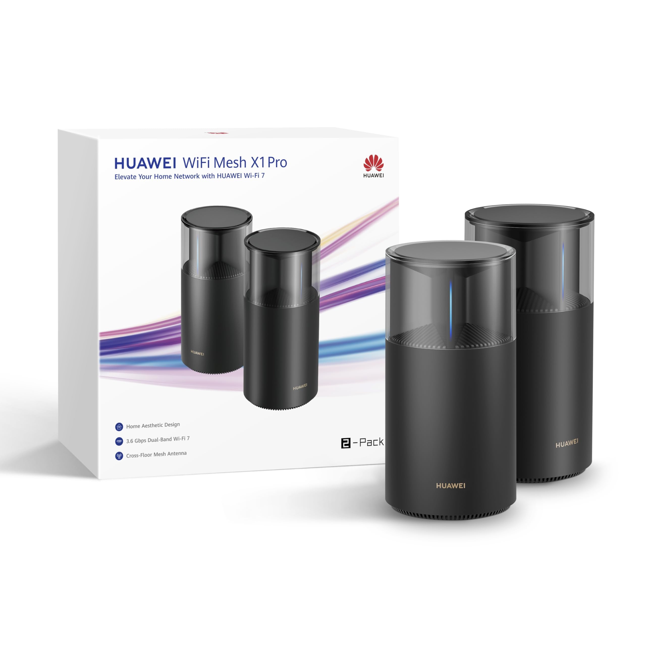 HUAWEI WiFi Mesh X1 Pro Router 2 Packs, Wi-FI 7 Double Bande de 3,6 Gbit/s, Antenne maillée transversale, 4 Ports 2.5 GE, Conception esthétique pour la Maison, Garantie de 30 Mois, Jeux