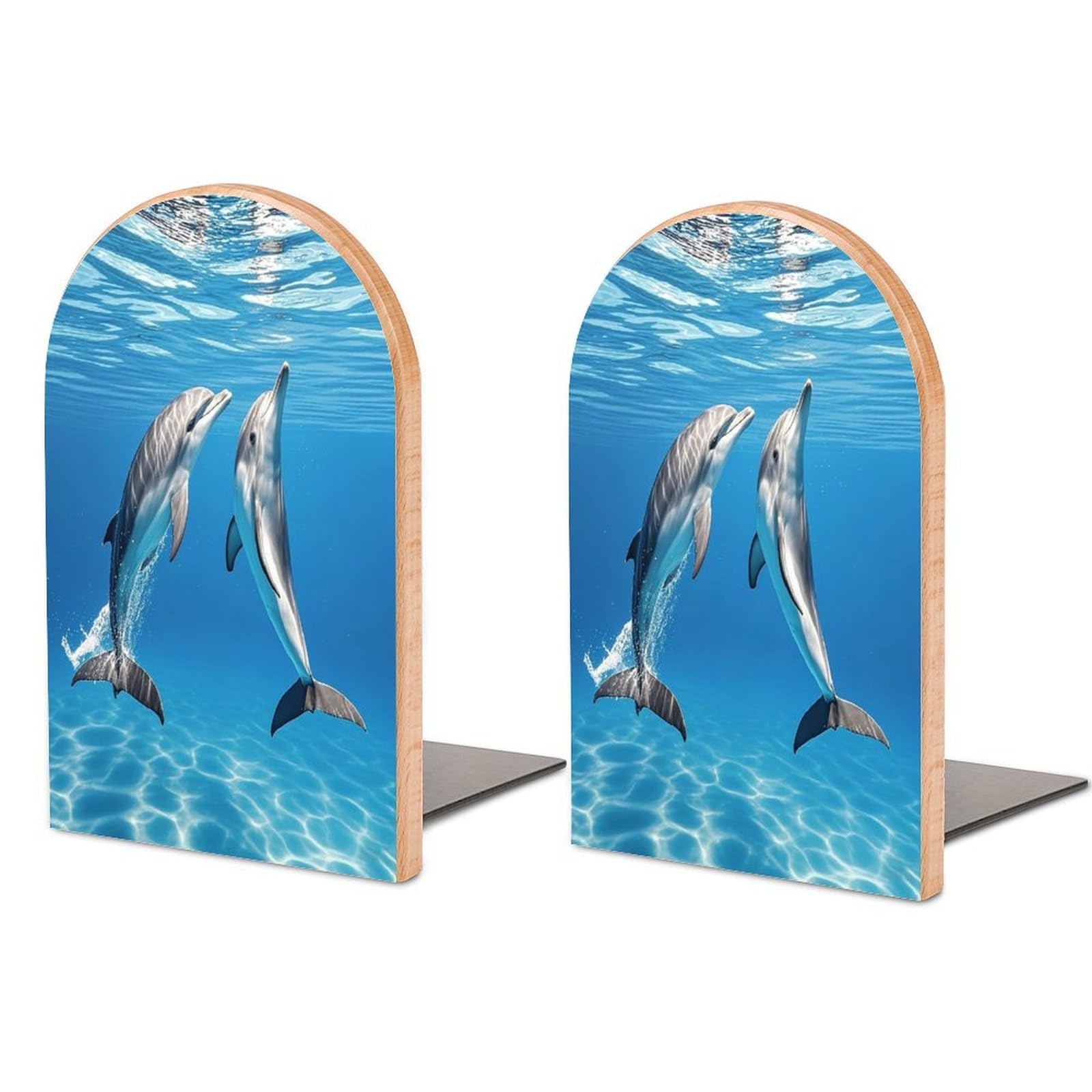 Two Dolphins Book Ends Wood Non-Skid Bookend for Shelves Heavy Duty Bookends with Metal Base Decorative Books Stopper Desk Organizers Book Dividers for Office Home 1 Pair