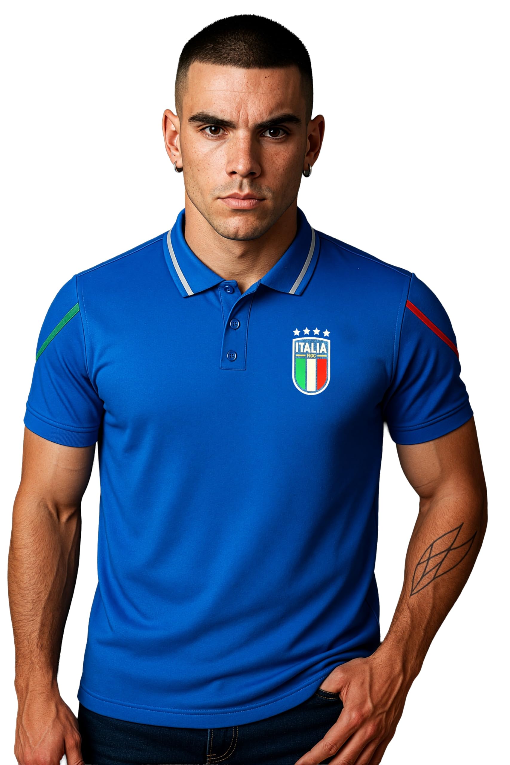 ITALIA FIGC Polo Homme Officiel - Maillot Bleu Coton avec Logo Tricolore - Manches Courtes