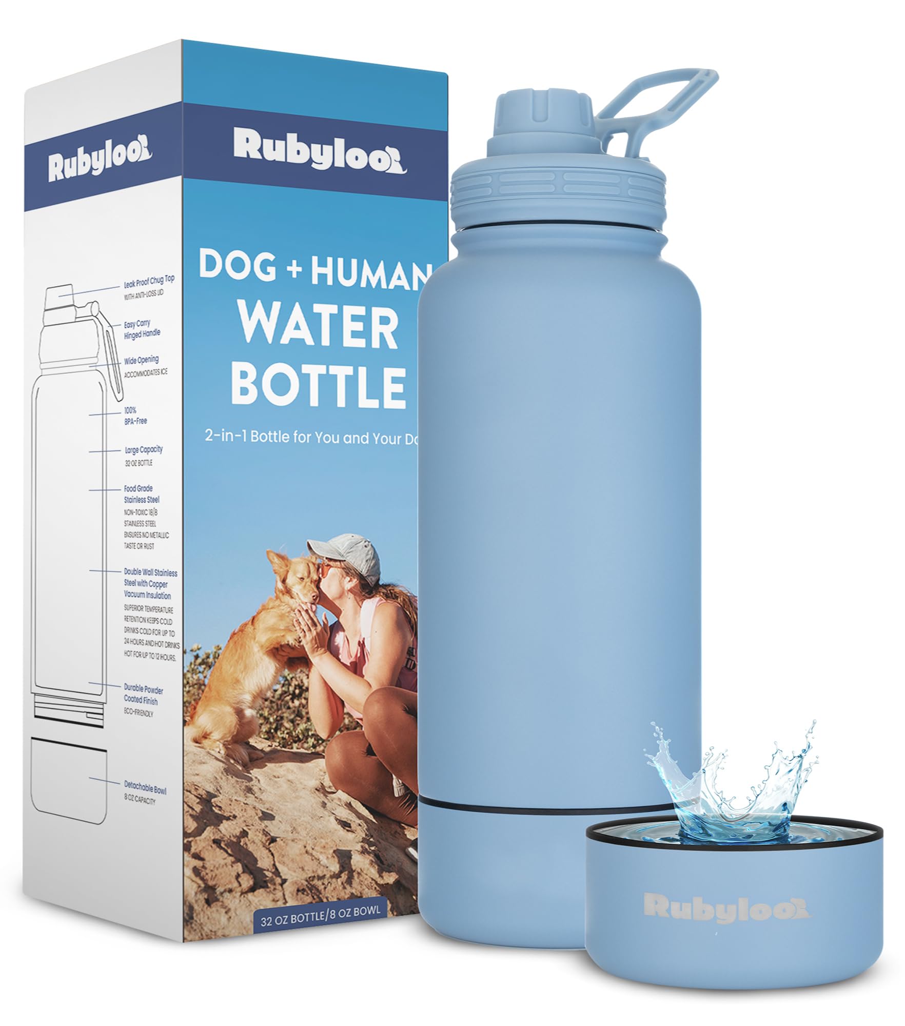 Rubyloo Dog Water Bottle with Detachable Bowl for Dog Lovers, Dusty Blue