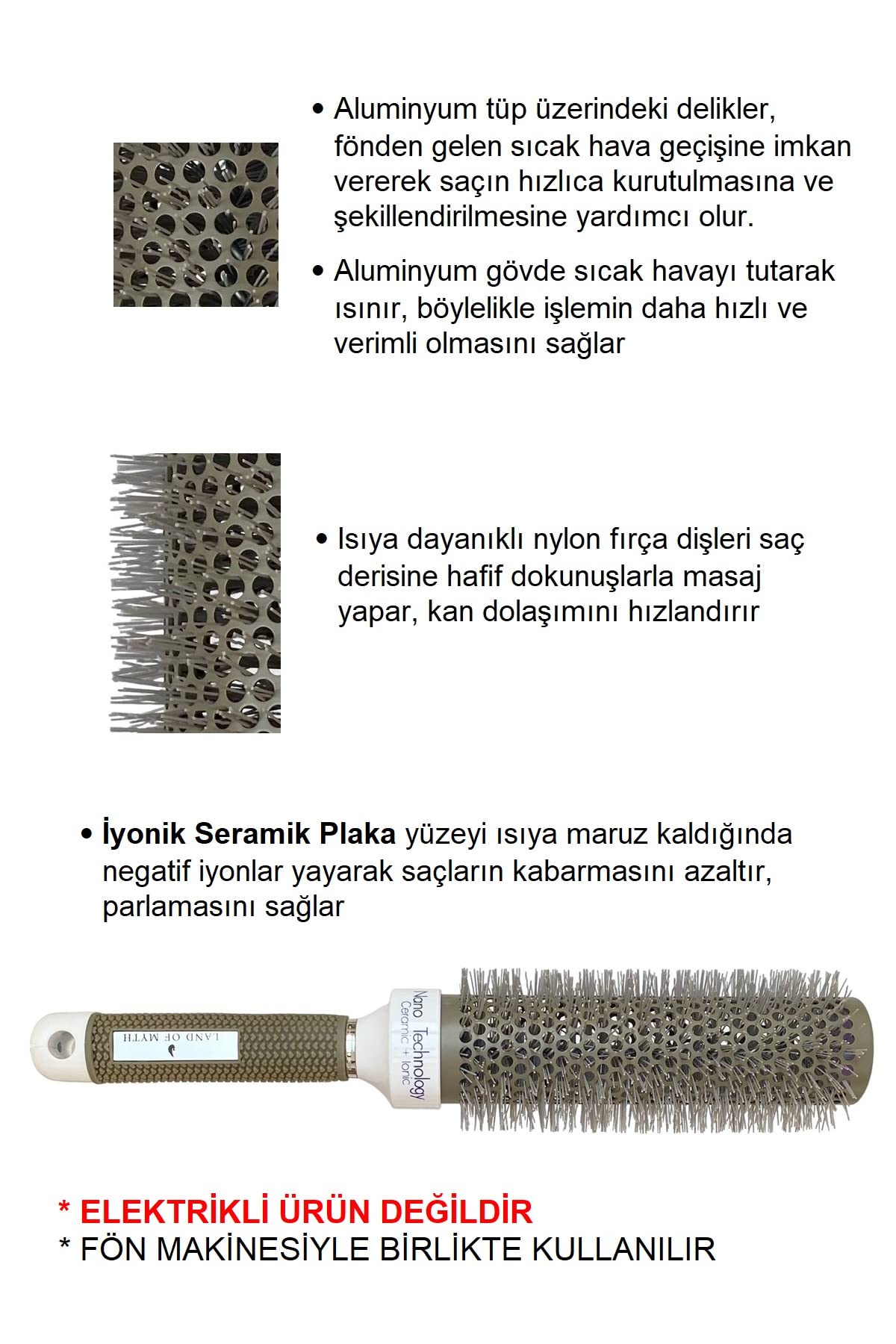 LAND OF MYTH - Lom1313 Extra Uzun Gövde Salon Tipi Nano Teknoloji Seramik + Iyonik Termal Fön Saç Fırçası (45 mm)