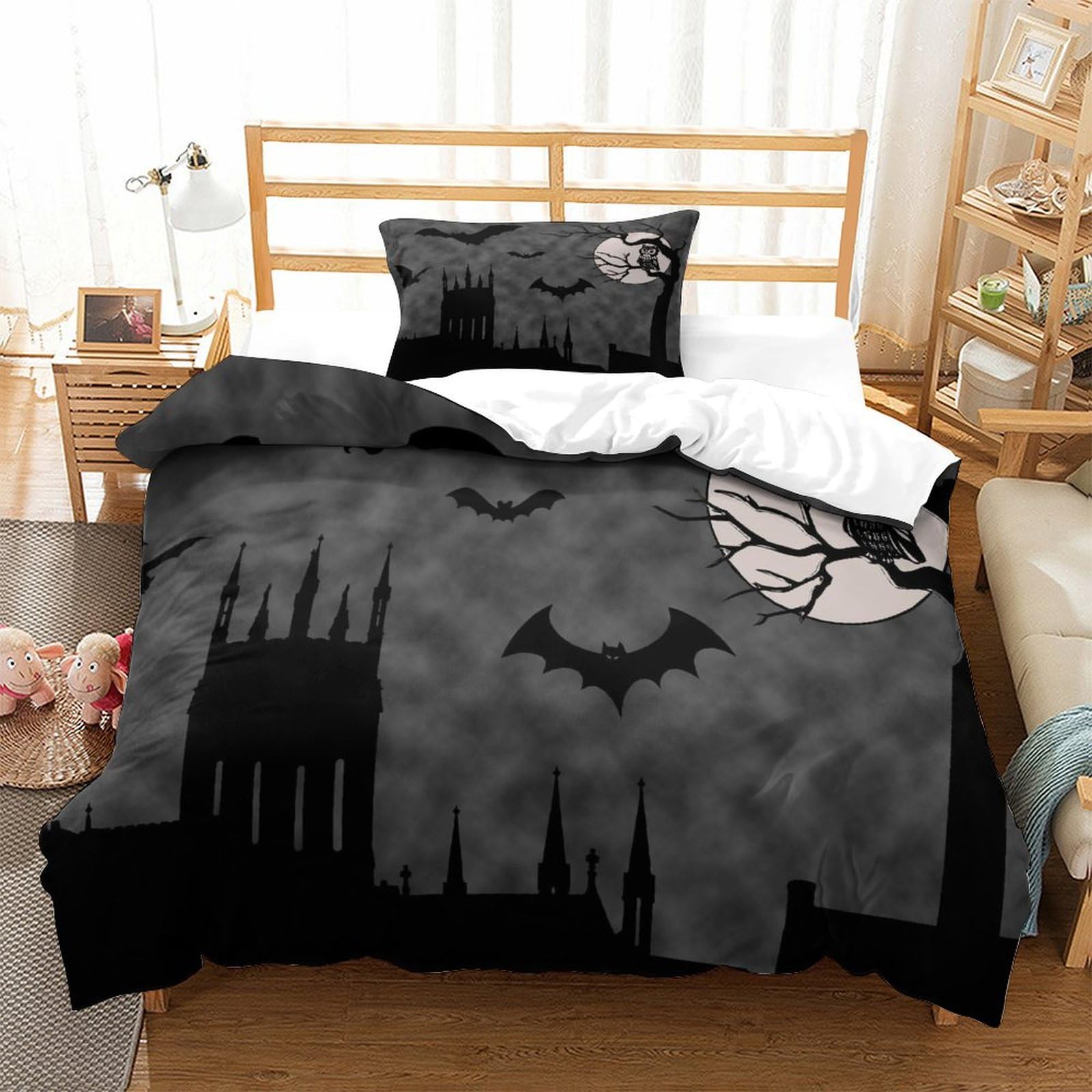 P1S9U7W5Y Gothic Night 3D Printed Castle Bat Duvet Cover Set 3pcs Microfiber Moon Bedding Set Single